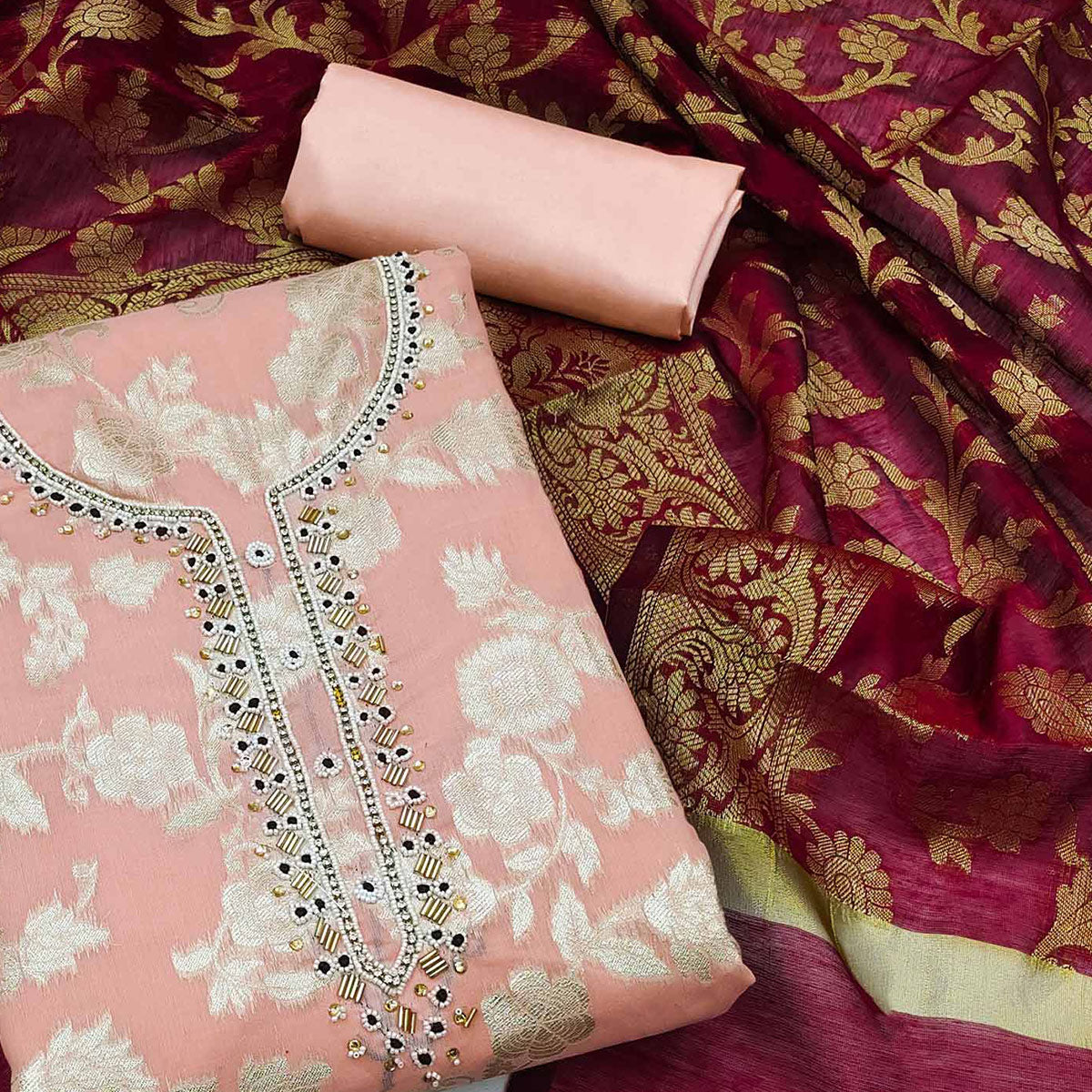 Peach Floral Woven With Handwork Banarasi Silk Dress Material
