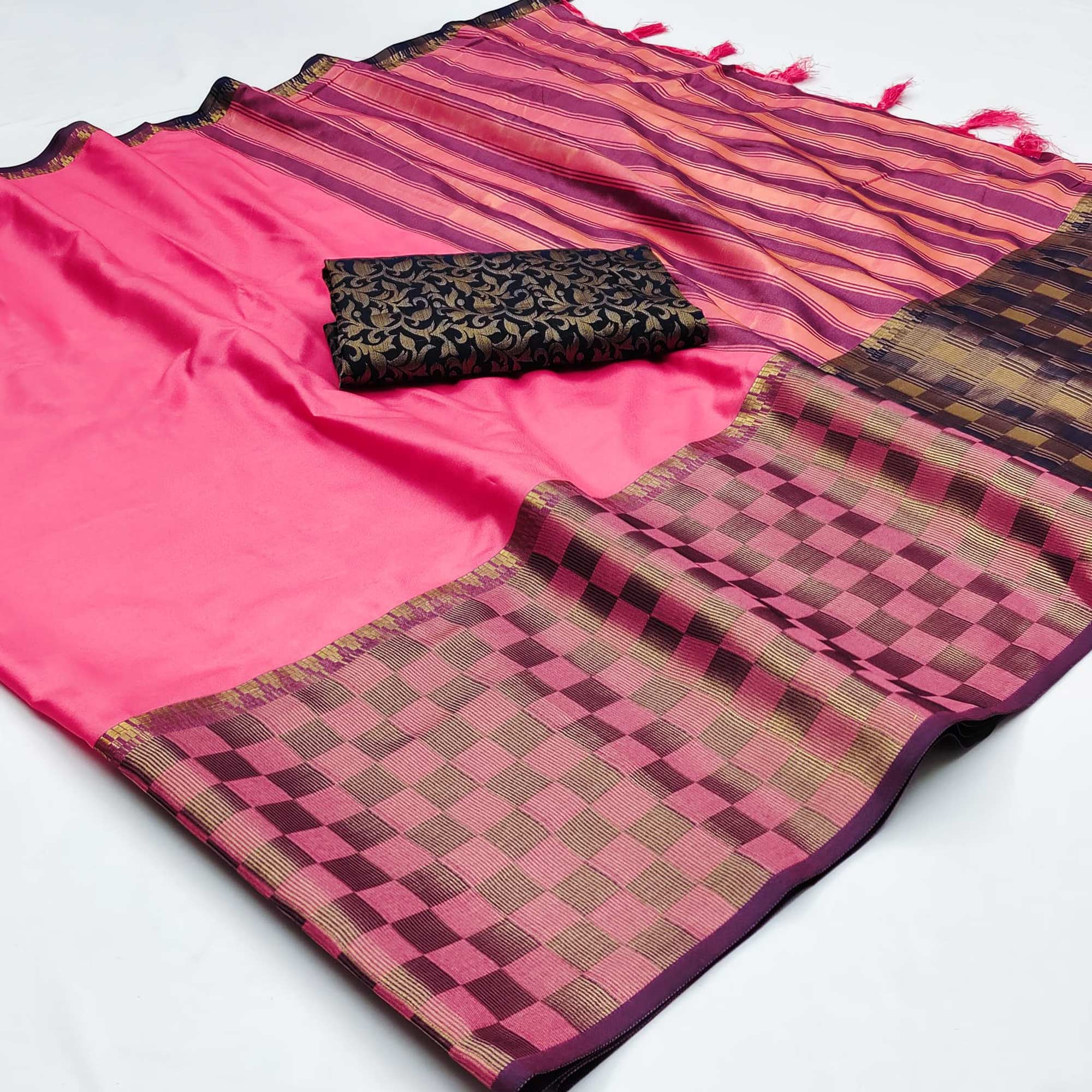 Pink Woven Cotton Silk Saree With Tassels