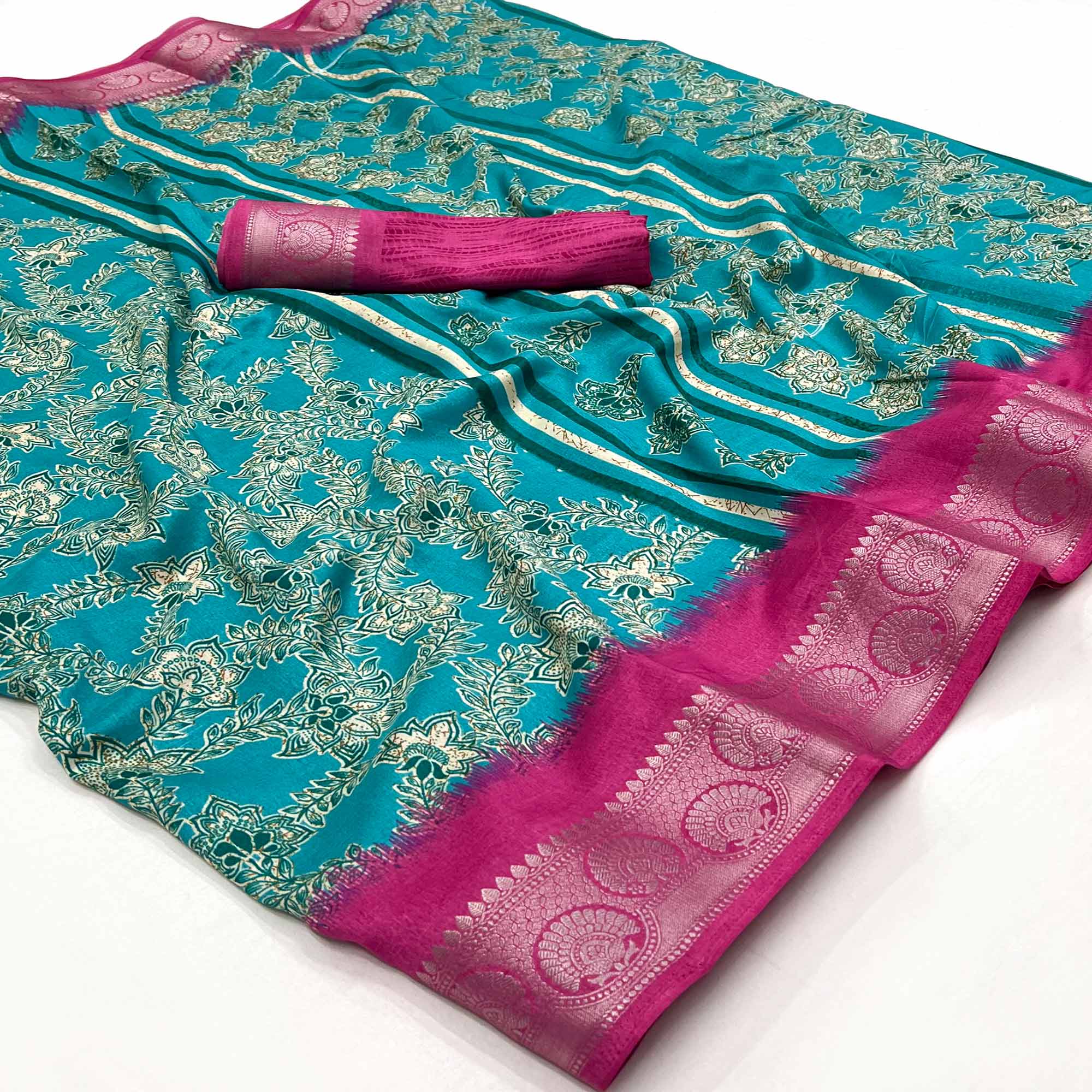 Blue Floral Printed With Woven Border Dola Silk Saree