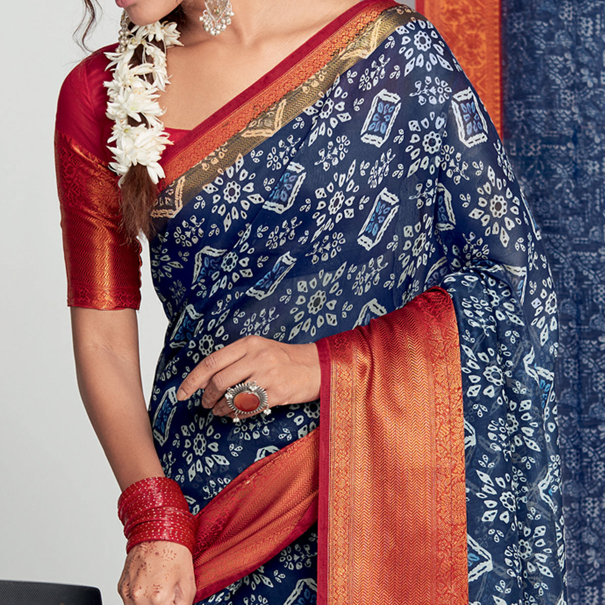 Blue Printed With Woven Border Cotton Blend Saree