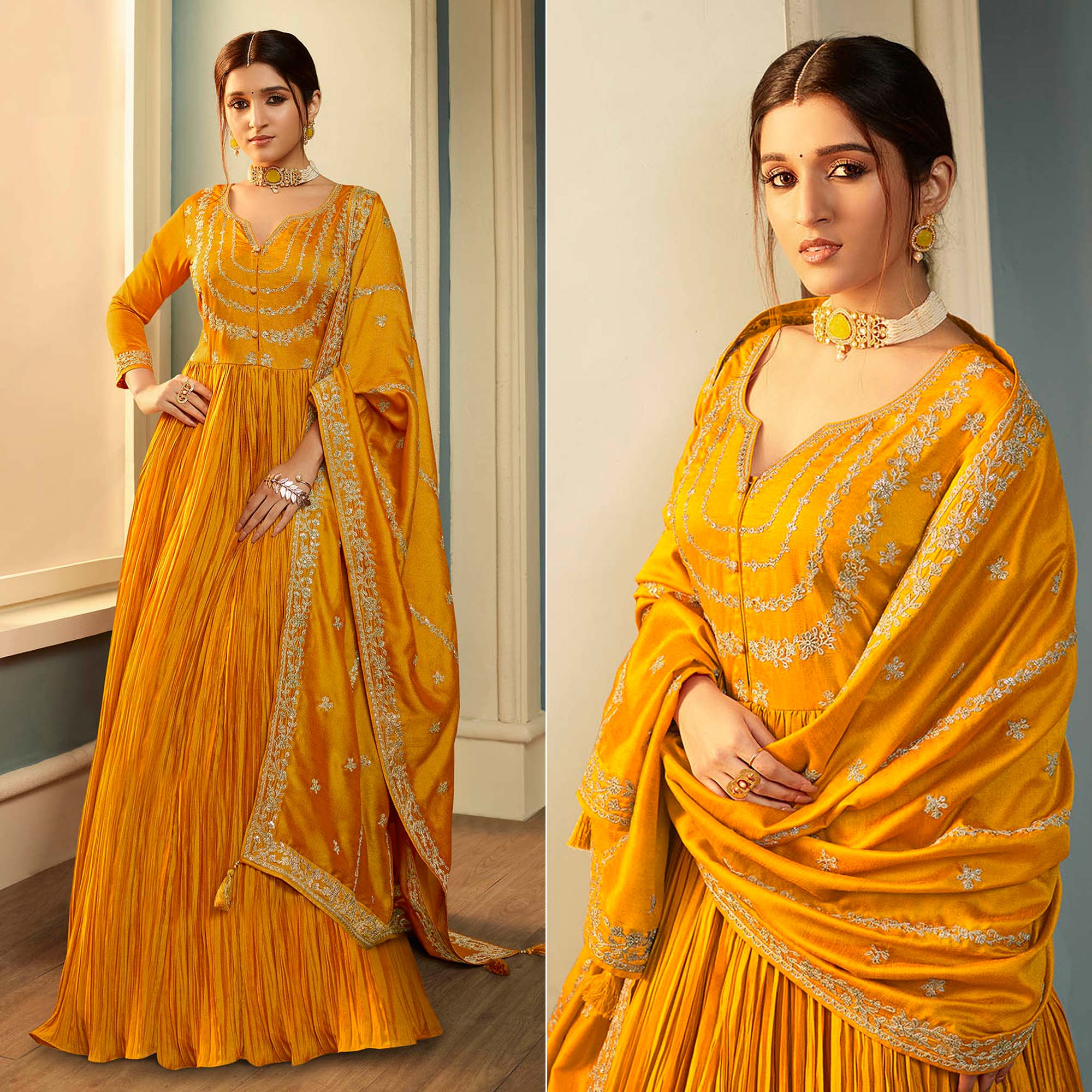 Mustard Embroidered Georgette Gown
