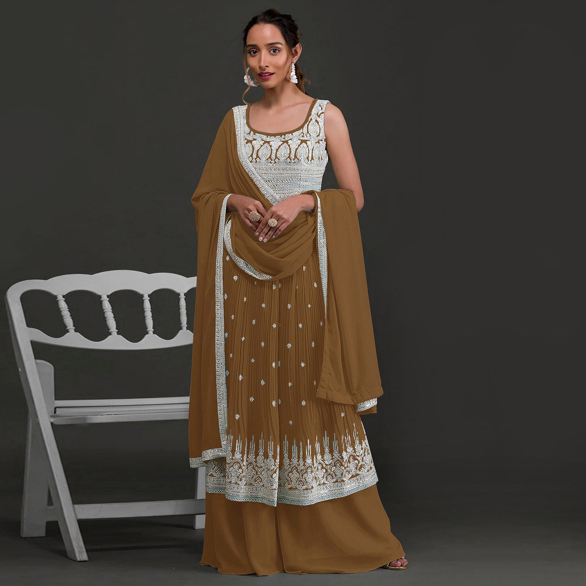 Brown Embroidered Georgette Naira Cut Semi Stitched Palazzo Suit