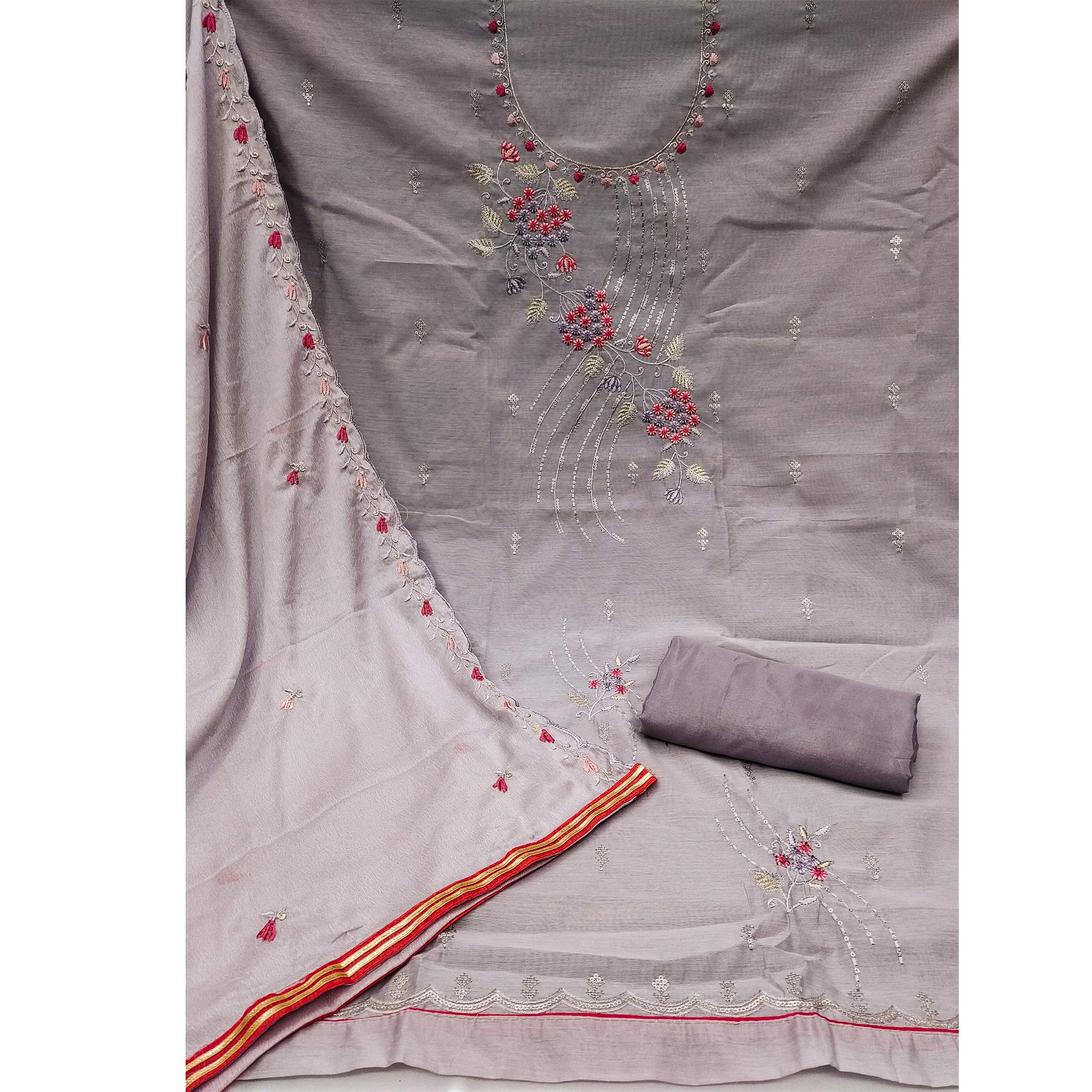 Light Purple Floral Embroidered Modal Dress Material