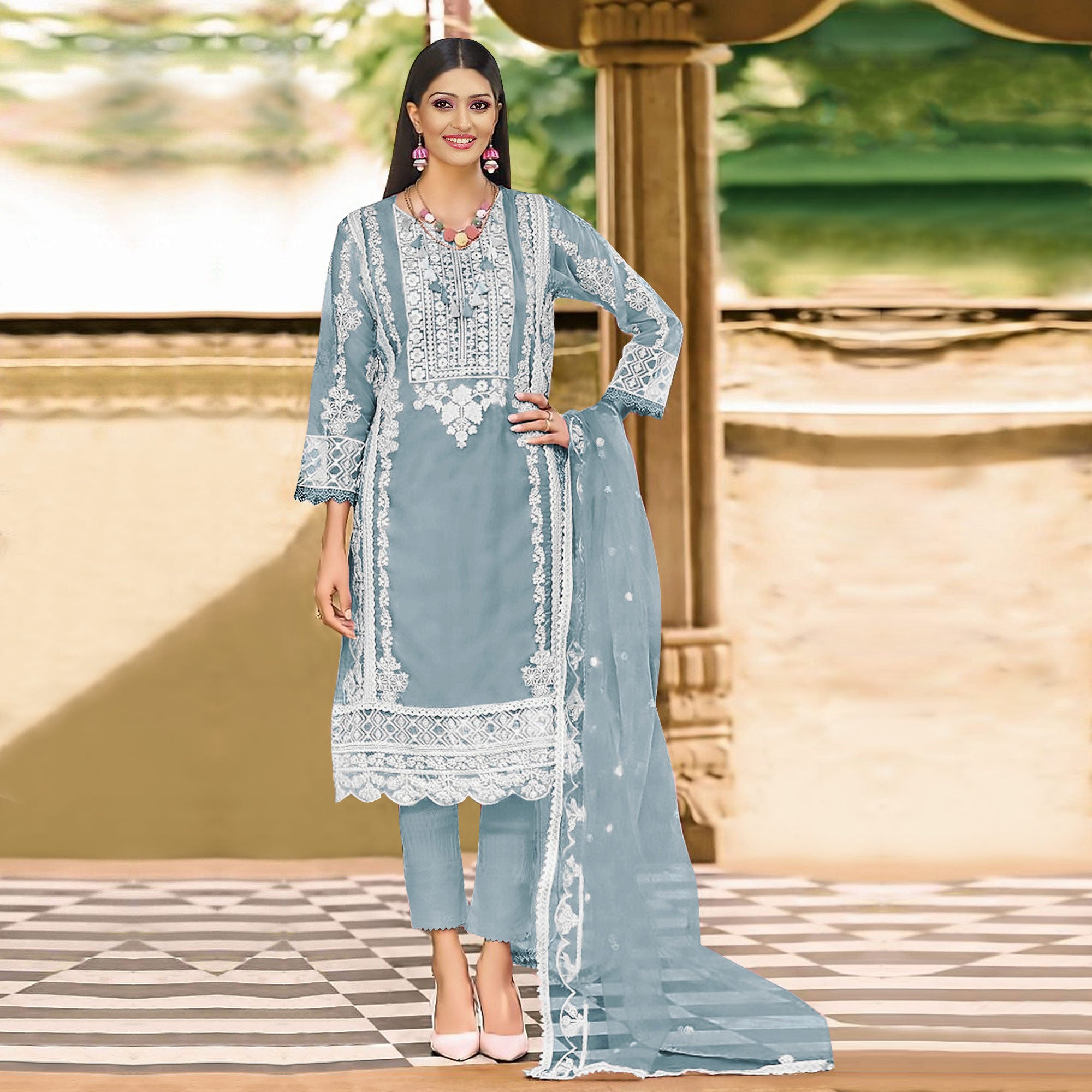 Slate Blue Floral Embroidered Organza Pakistani Suit