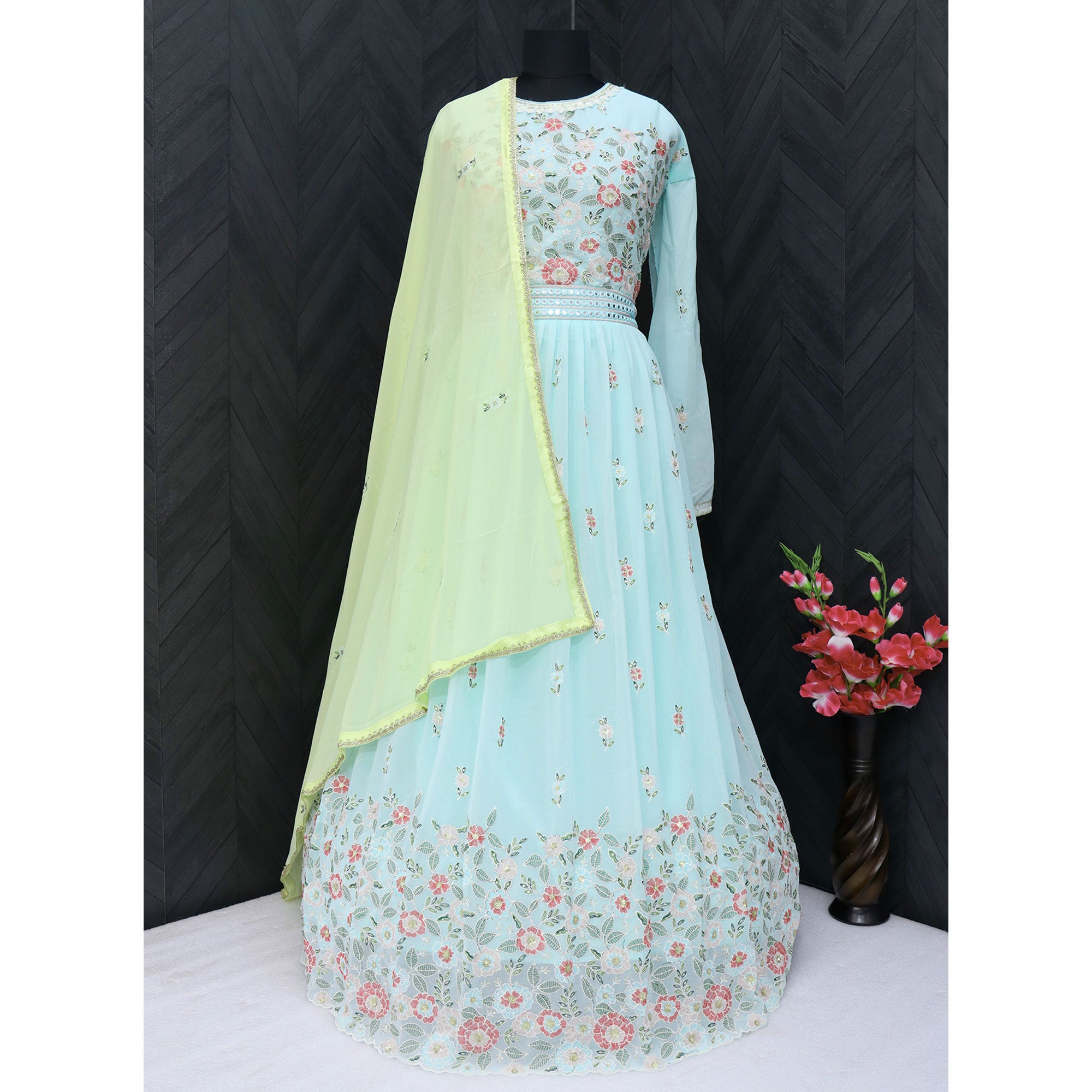 Light Sky Blue Sequins Floral Embroidered Georgette Semi Stitched Anarkali Suit