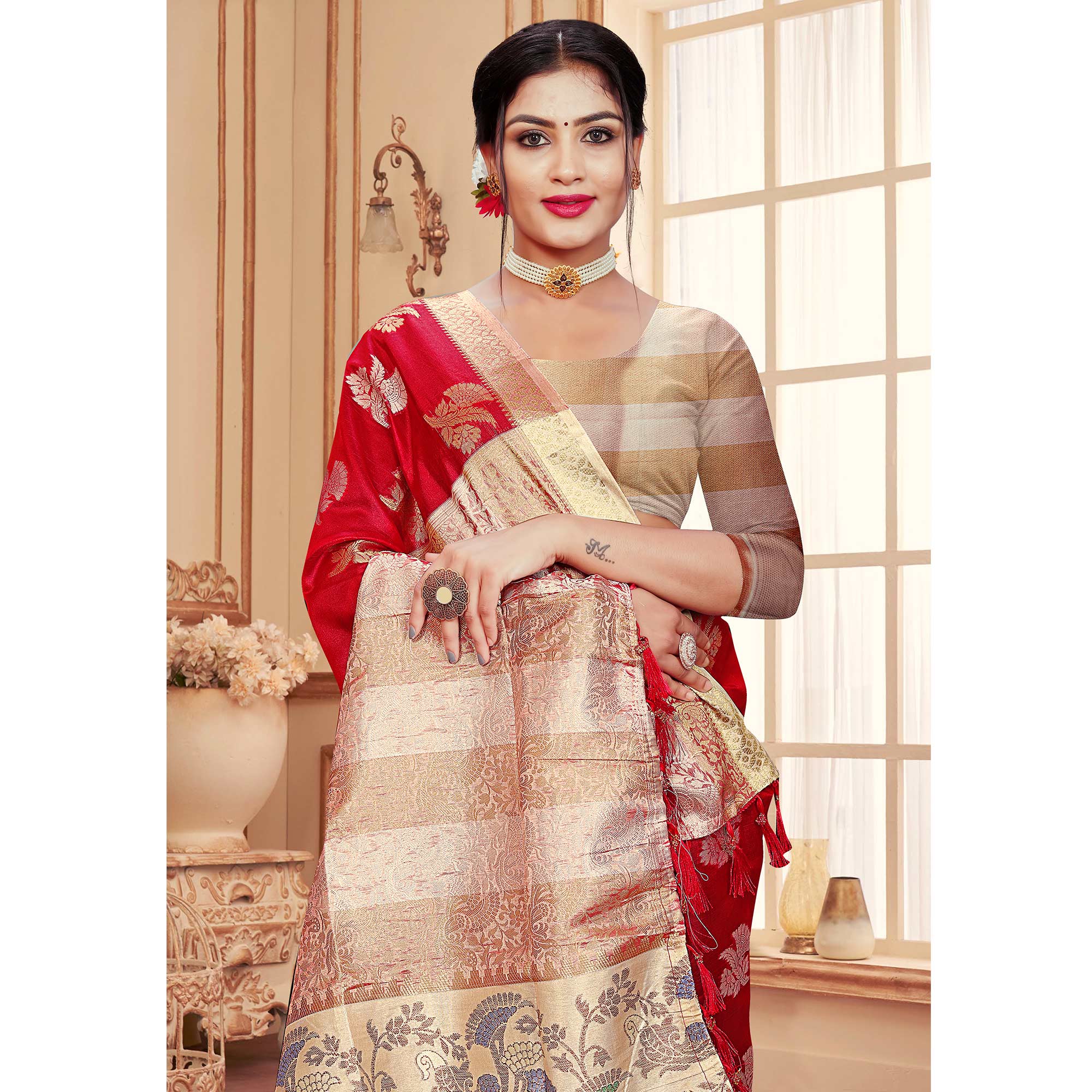 Red Floral Woven Organza Saree With Tassels