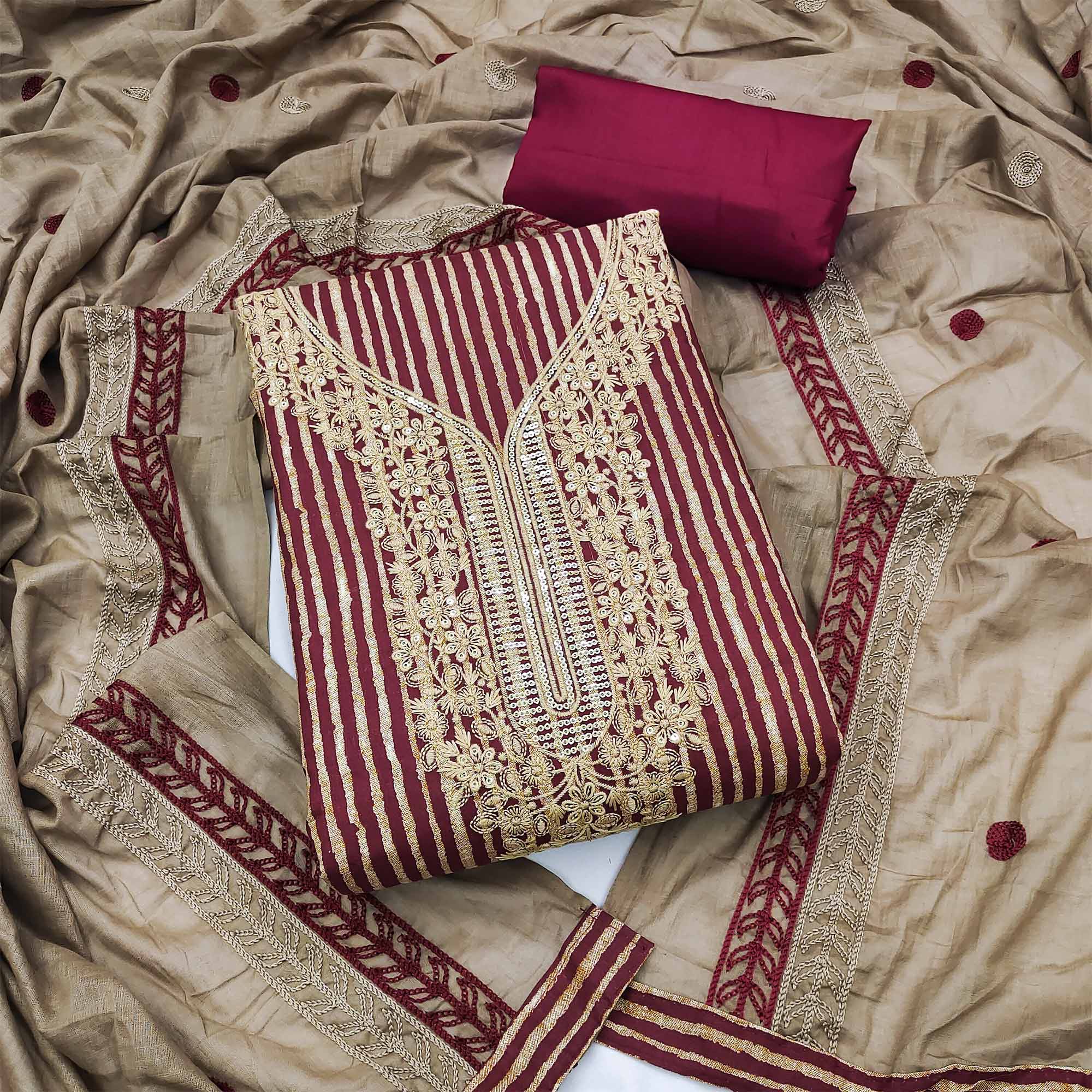 Maroon Printed With Sequins Embroidered Pure Cotton Dress Material