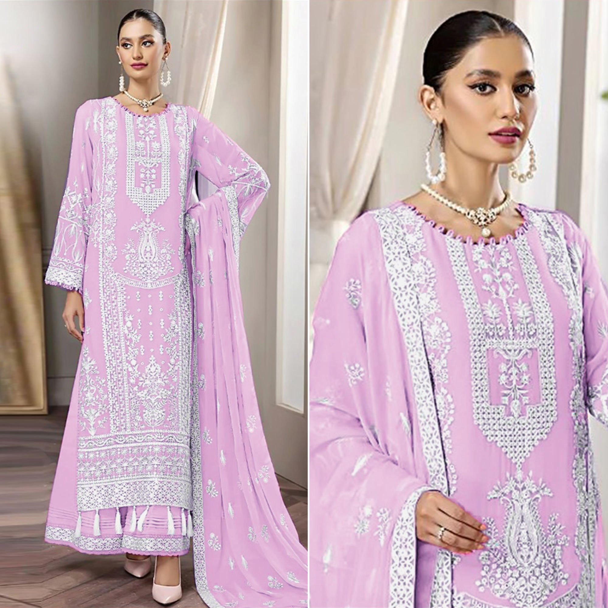 Pink Floral Embroidered Georgette Pakistani Suit