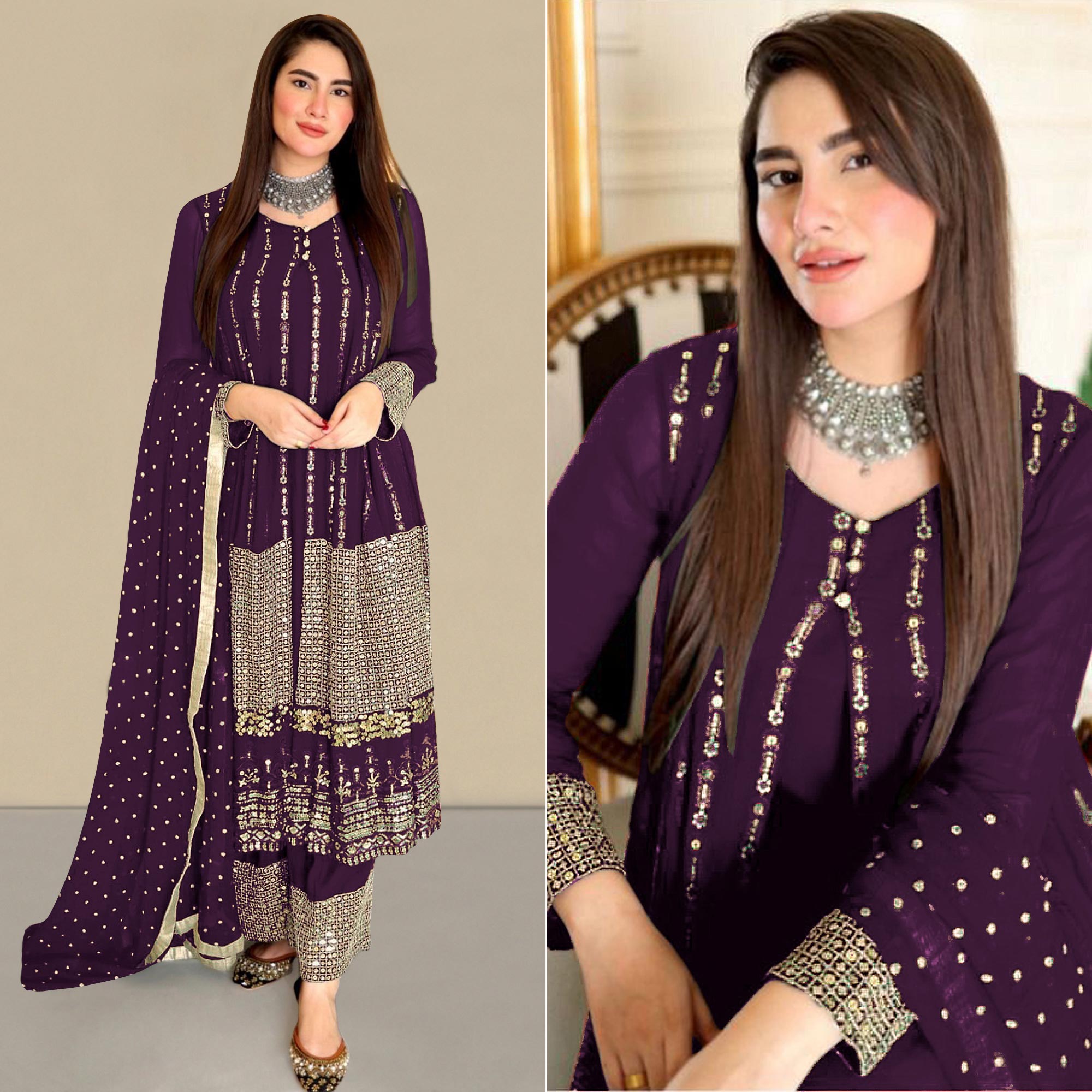 Purple Sequins Embroidered Georgette Pakistani Suit