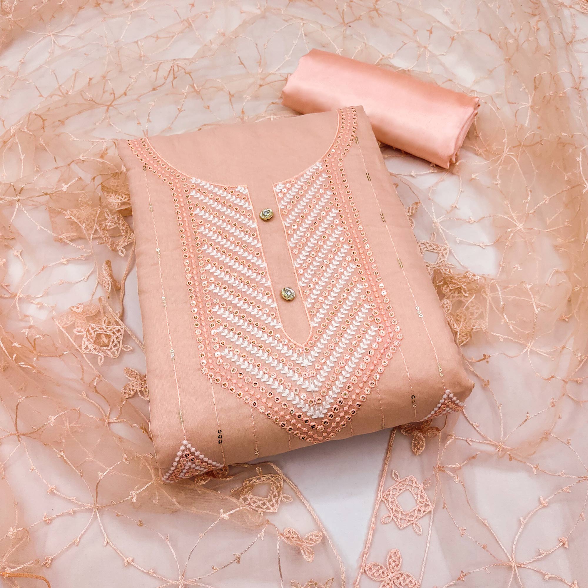 Peach Sequins Embroidered Chanderi Dress Material
