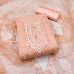 Peach Sequins Embroidered Chanderi Dress Material