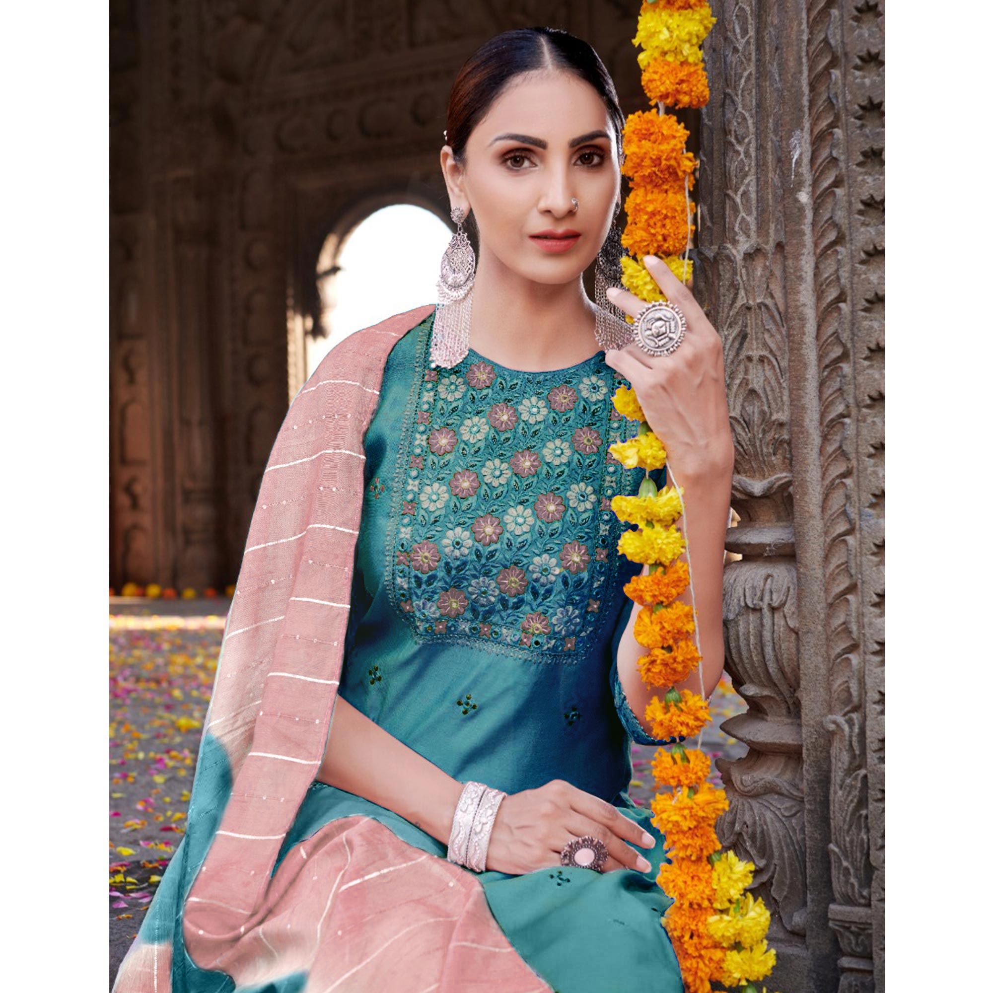 Blue Floral Embroidered Chanderi Suit