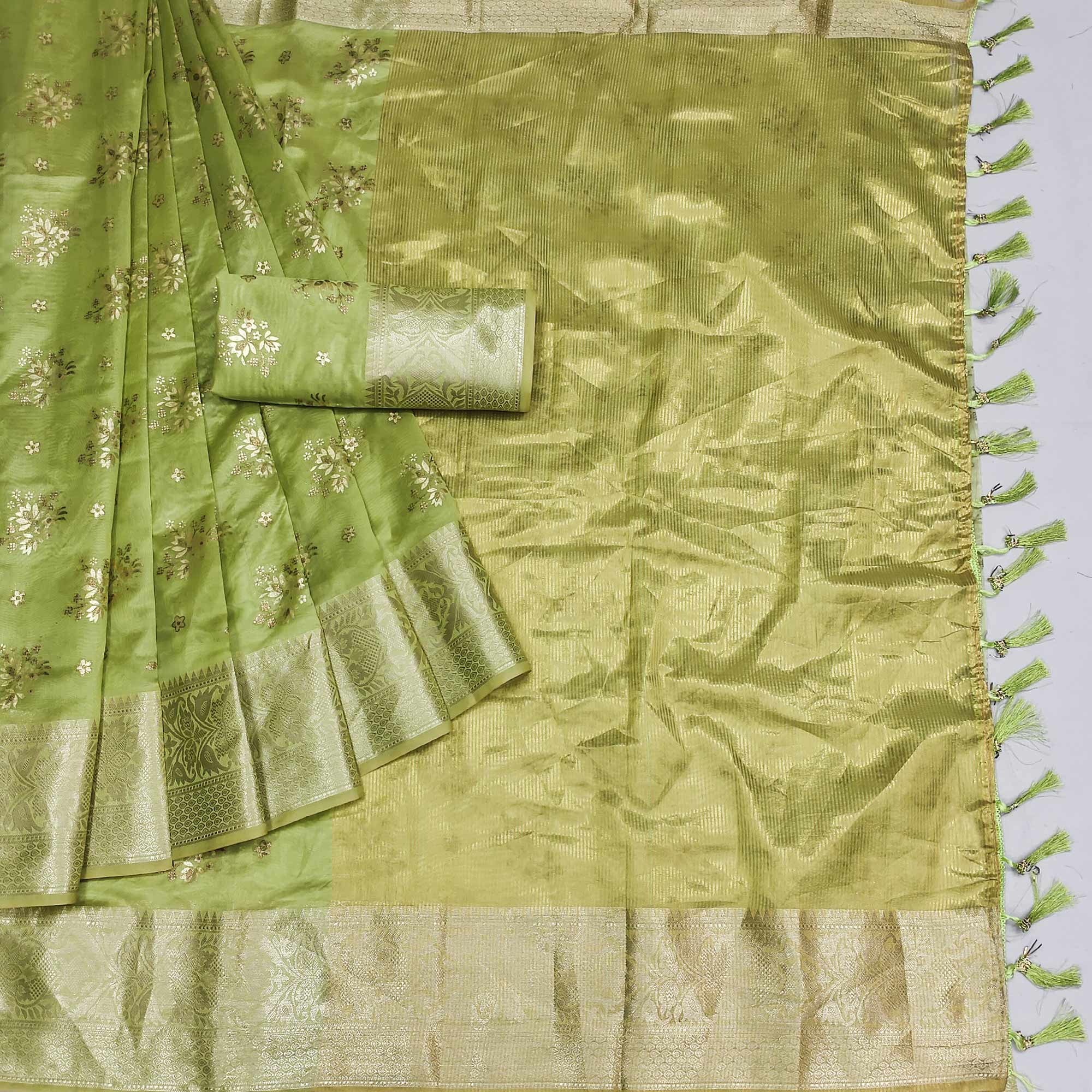 Green Woven Organza Saree With Tassels