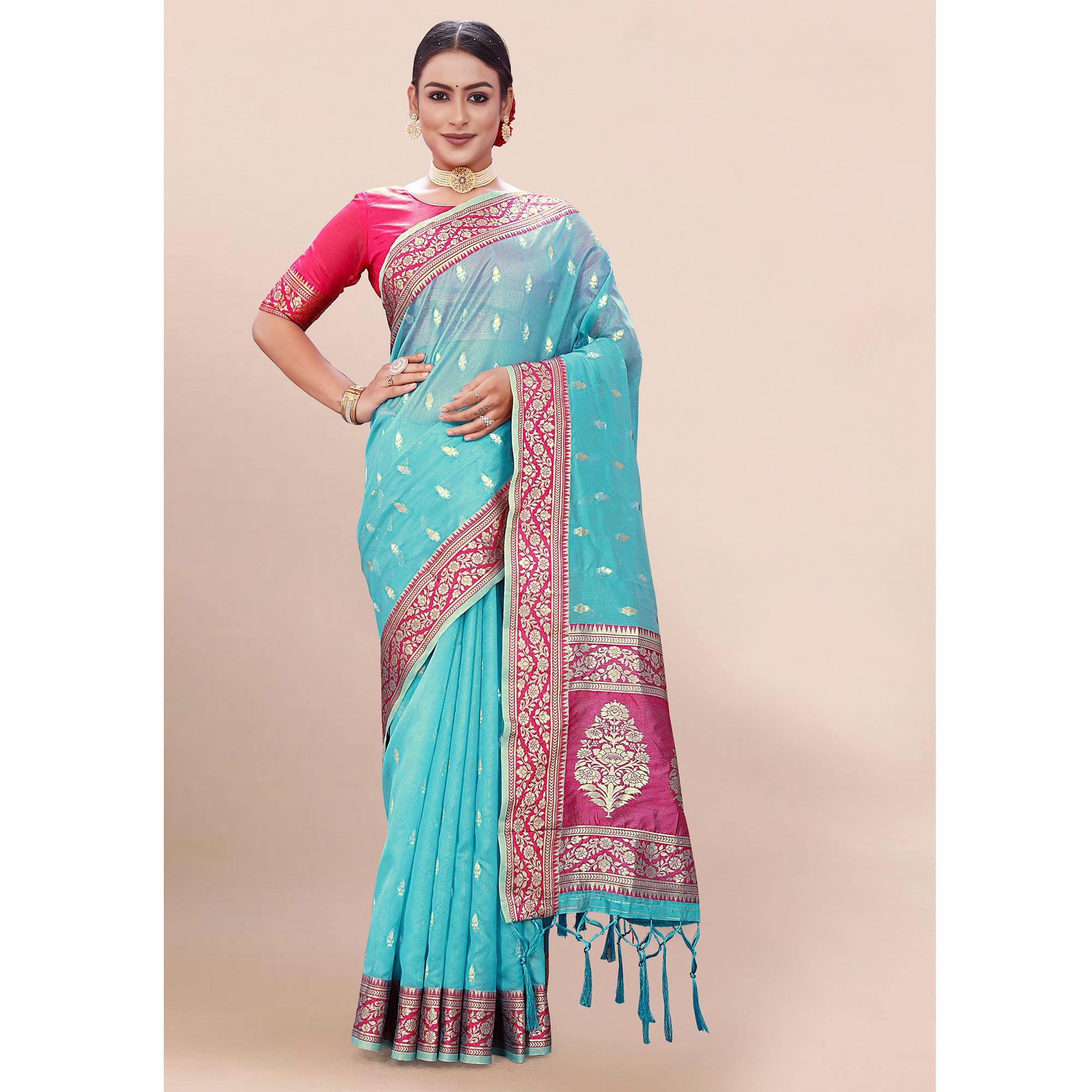 Blue Woven Organza Saree With Tassels