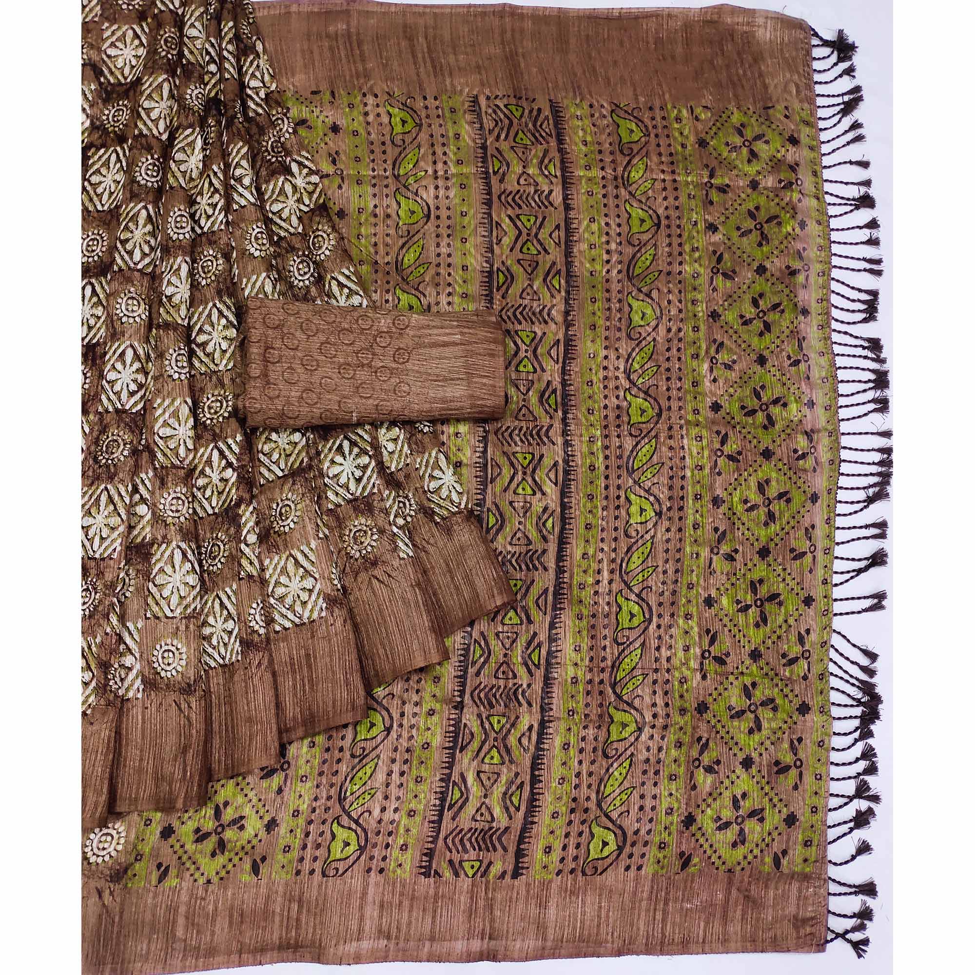 Brown Floral Printed Art Silk Saree