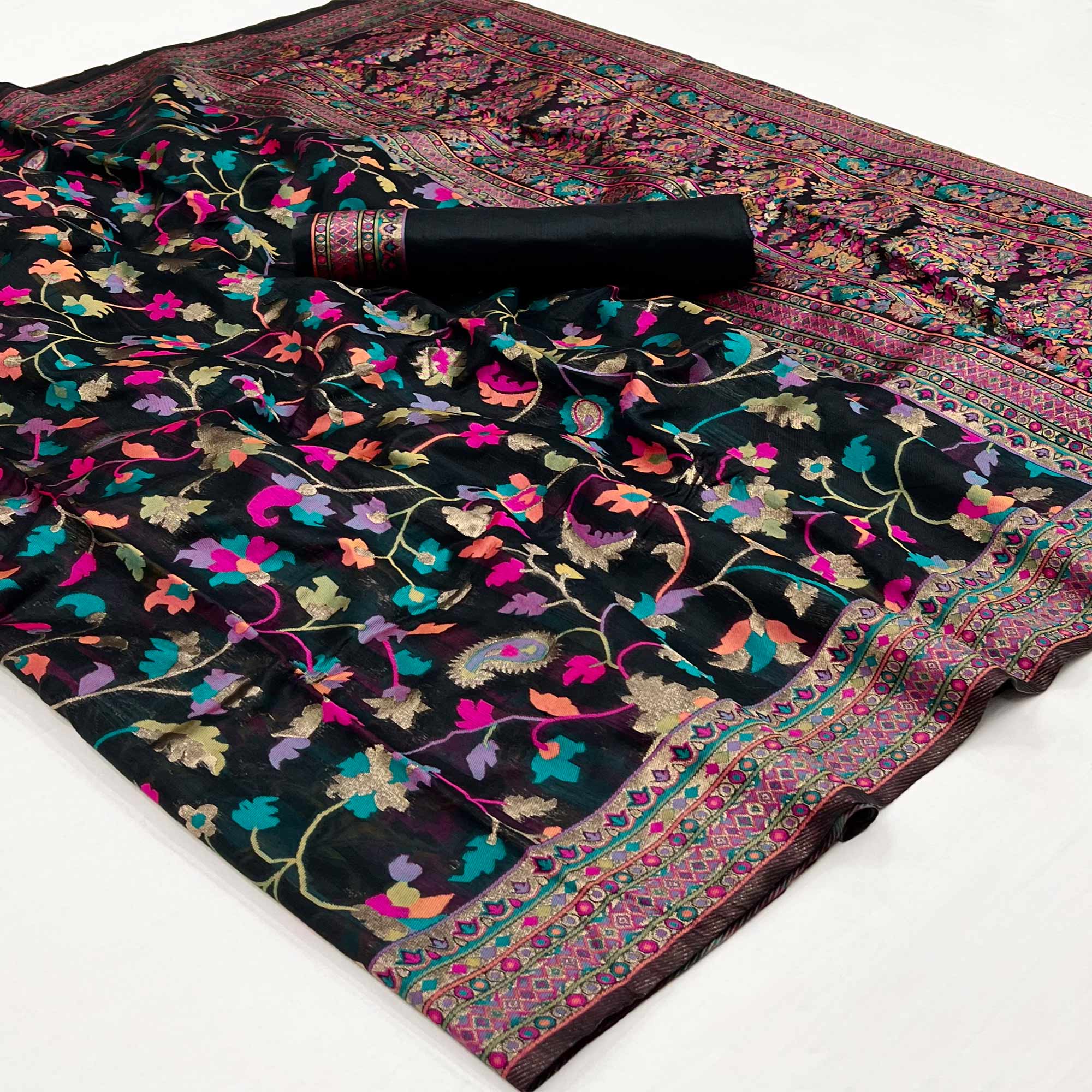 Black Floral Woven Pashmina Saree