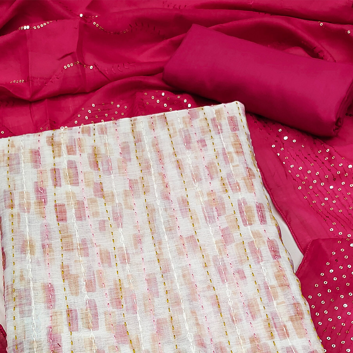 Off White Digital Printed With Embroidered Chanderi Dress Material