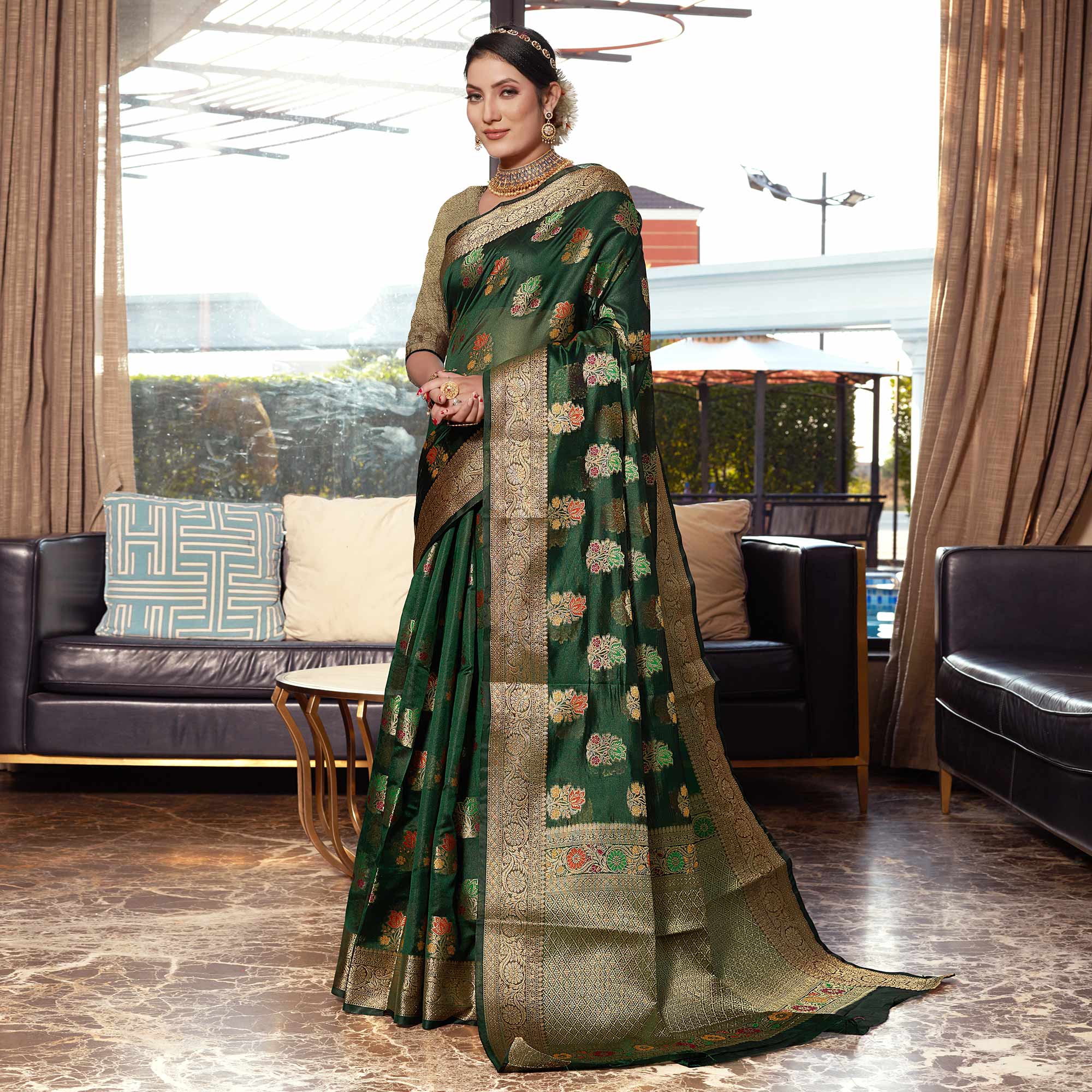 Bottle Green Floral Woven Organza Saree