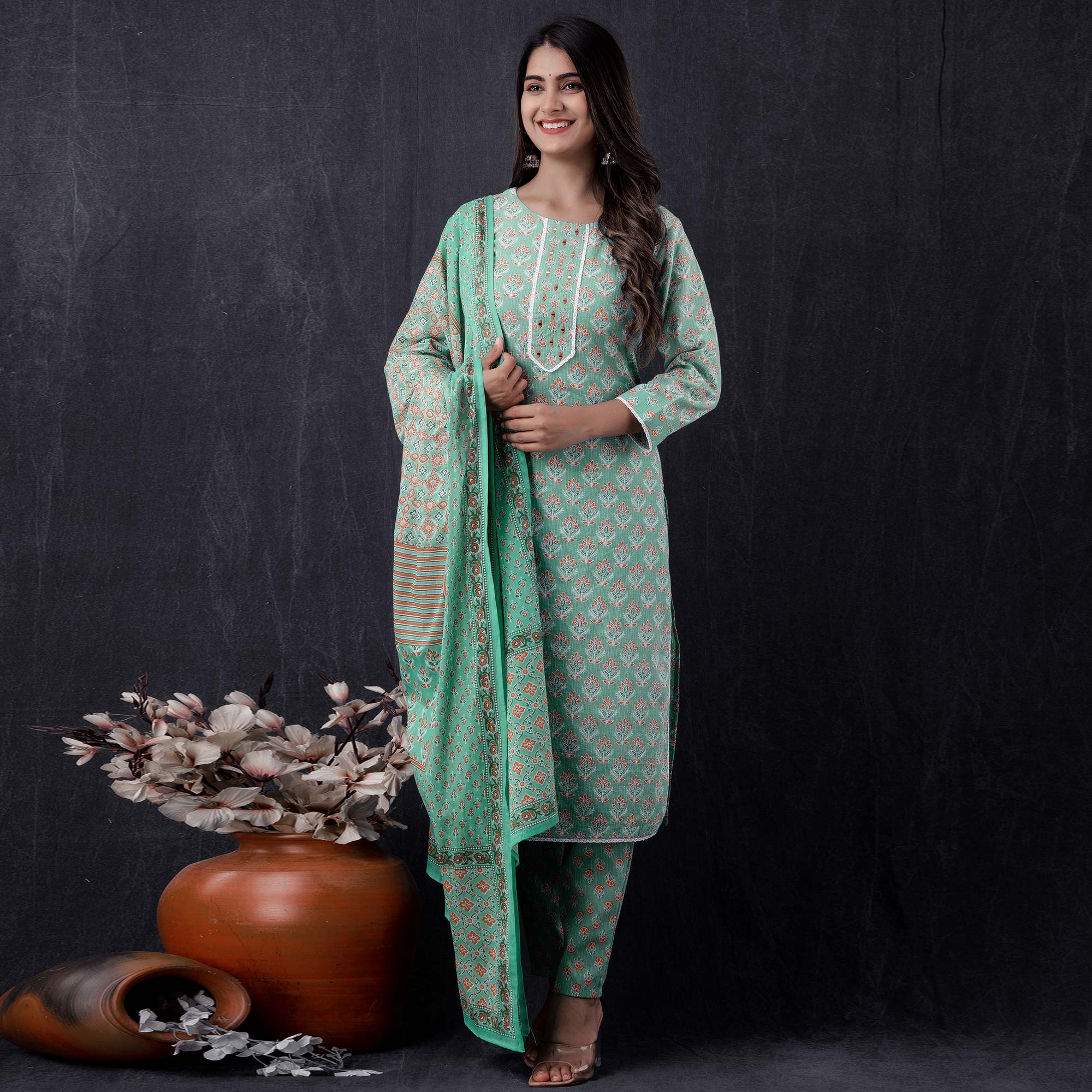 Green Jaipuri Printed Pure Cotton Suit