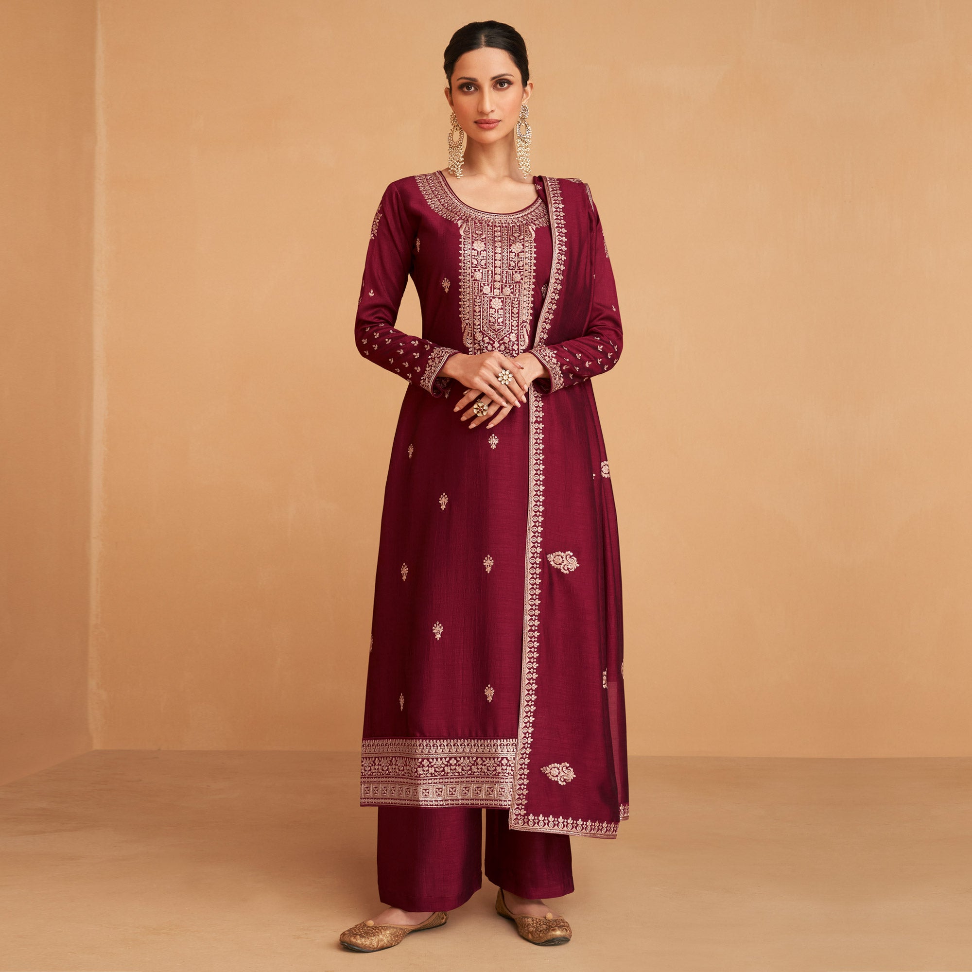 Maroon Embroidered Art Silk Palazzo Suit