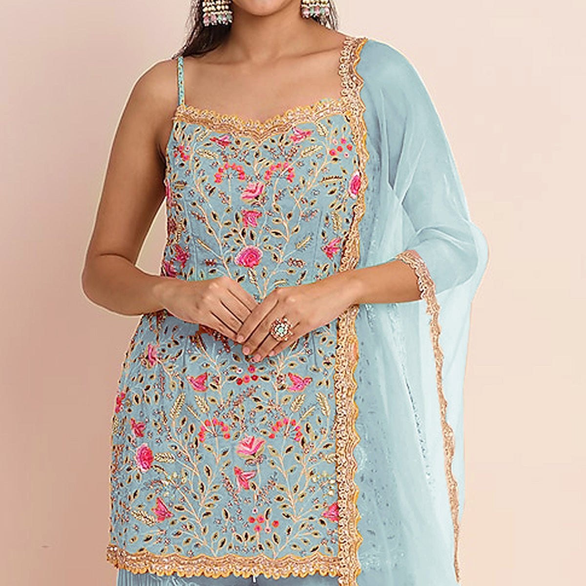 Blue Floral Sequins Embroidered Georgette Sharara Suit