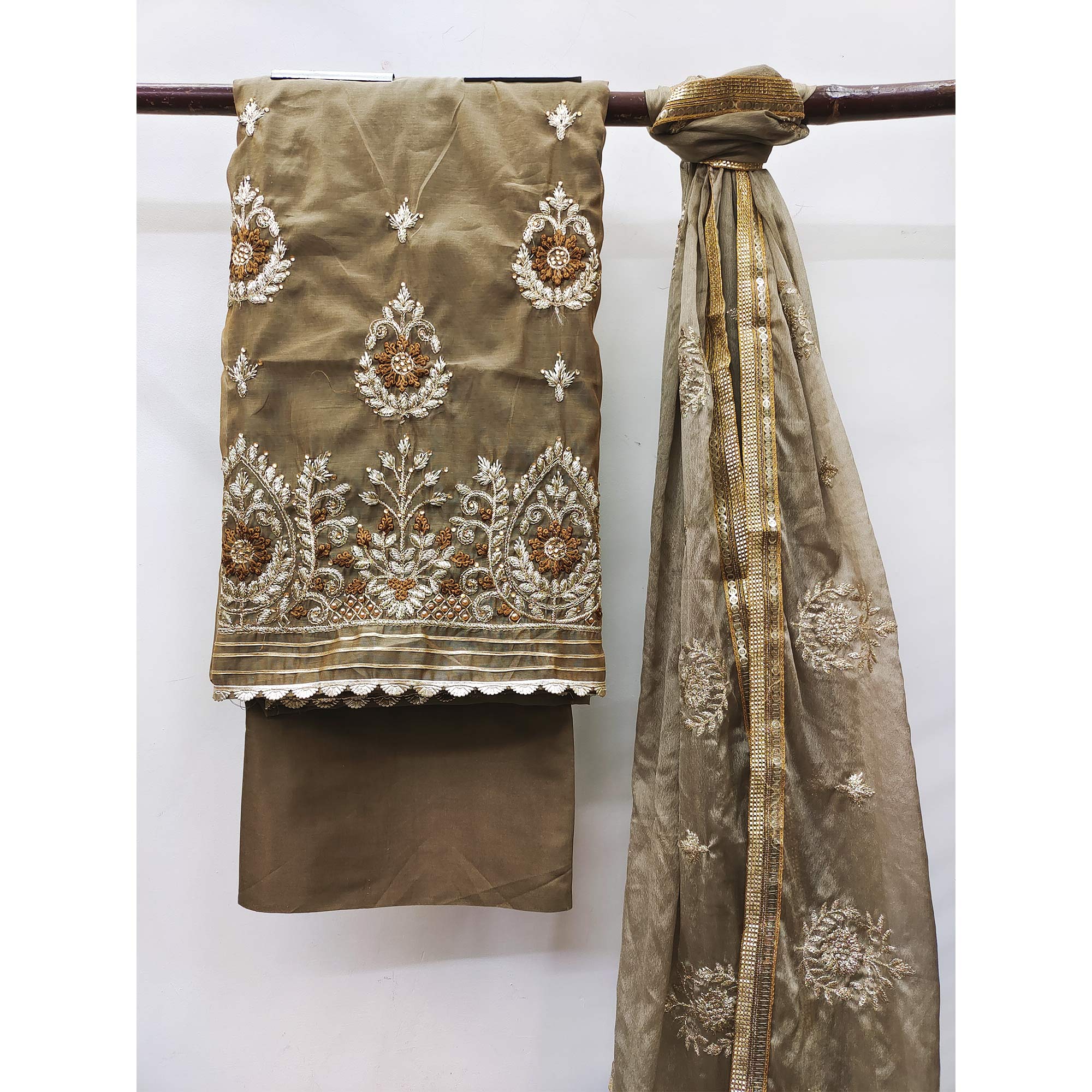 Brown Floral Embroidered Modal Dress Material