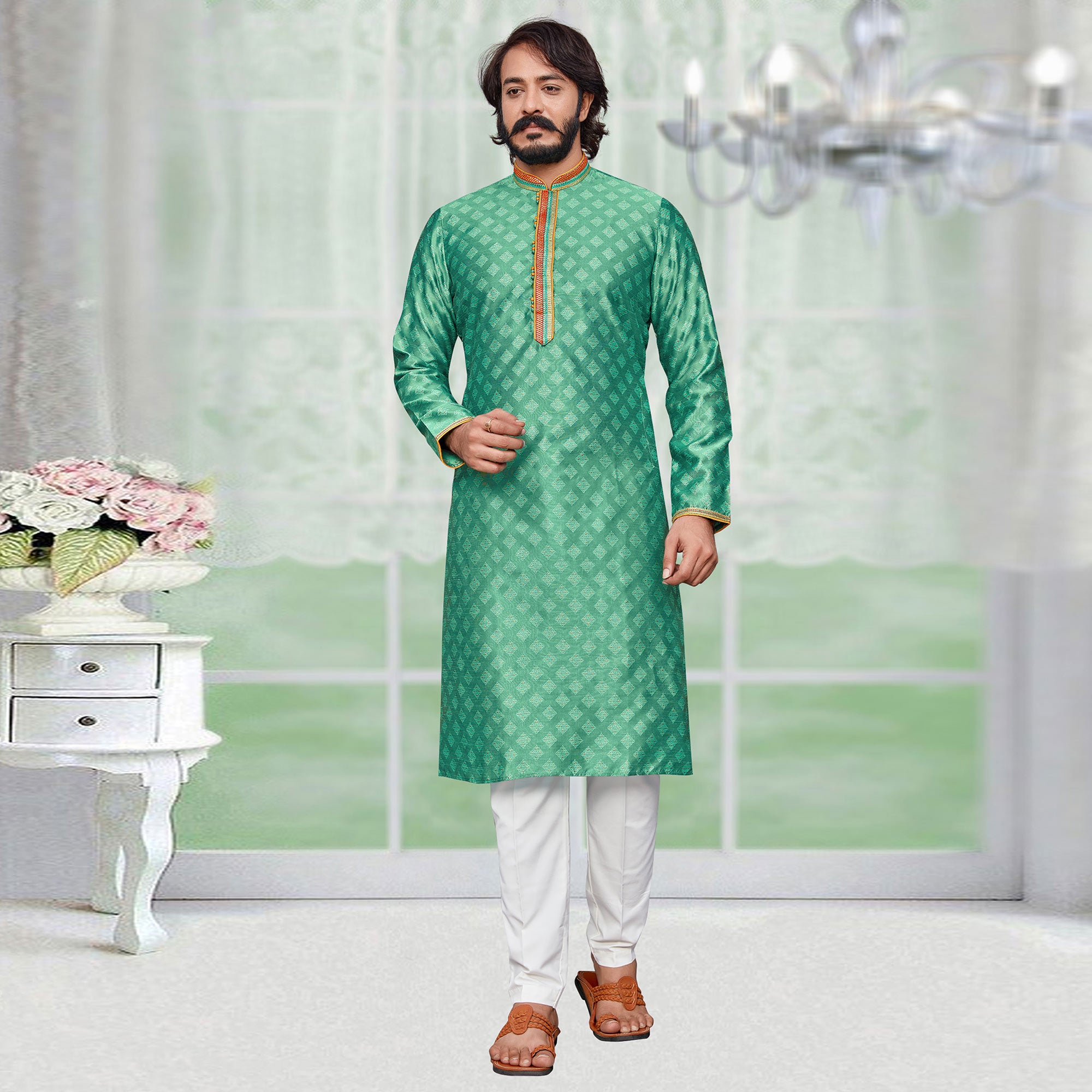Light Green Woven Jacquard Kurta Pyjama Set
