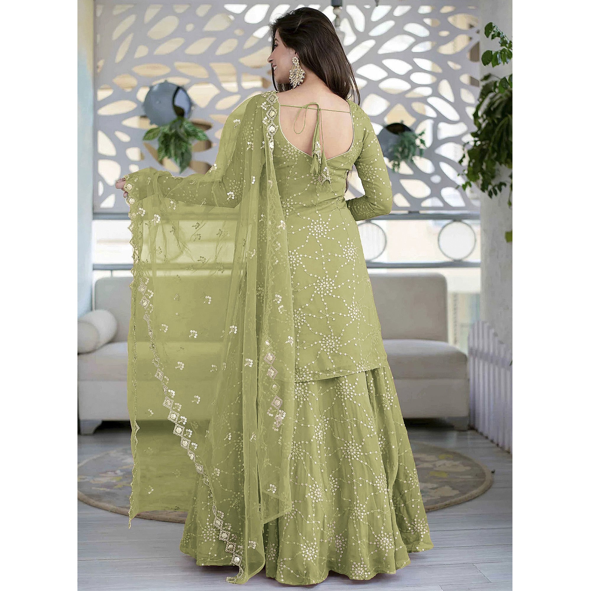 Pista Green Sequins Embroidered Georgette Semi Stitched Gharara Style Suit