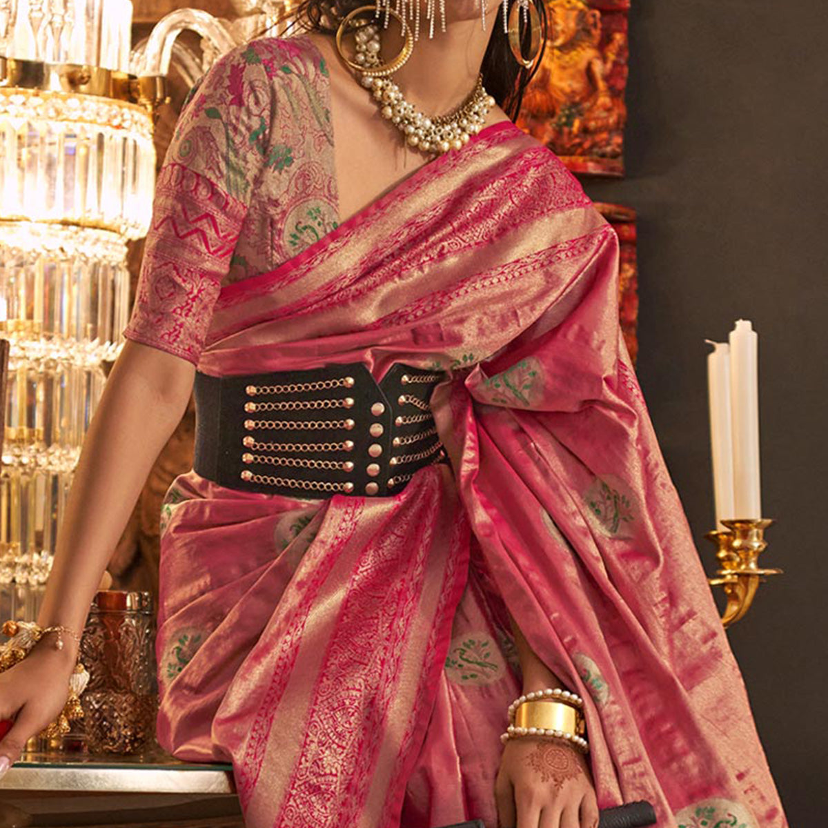 Pink Woven Art Silk Saree With Tassels