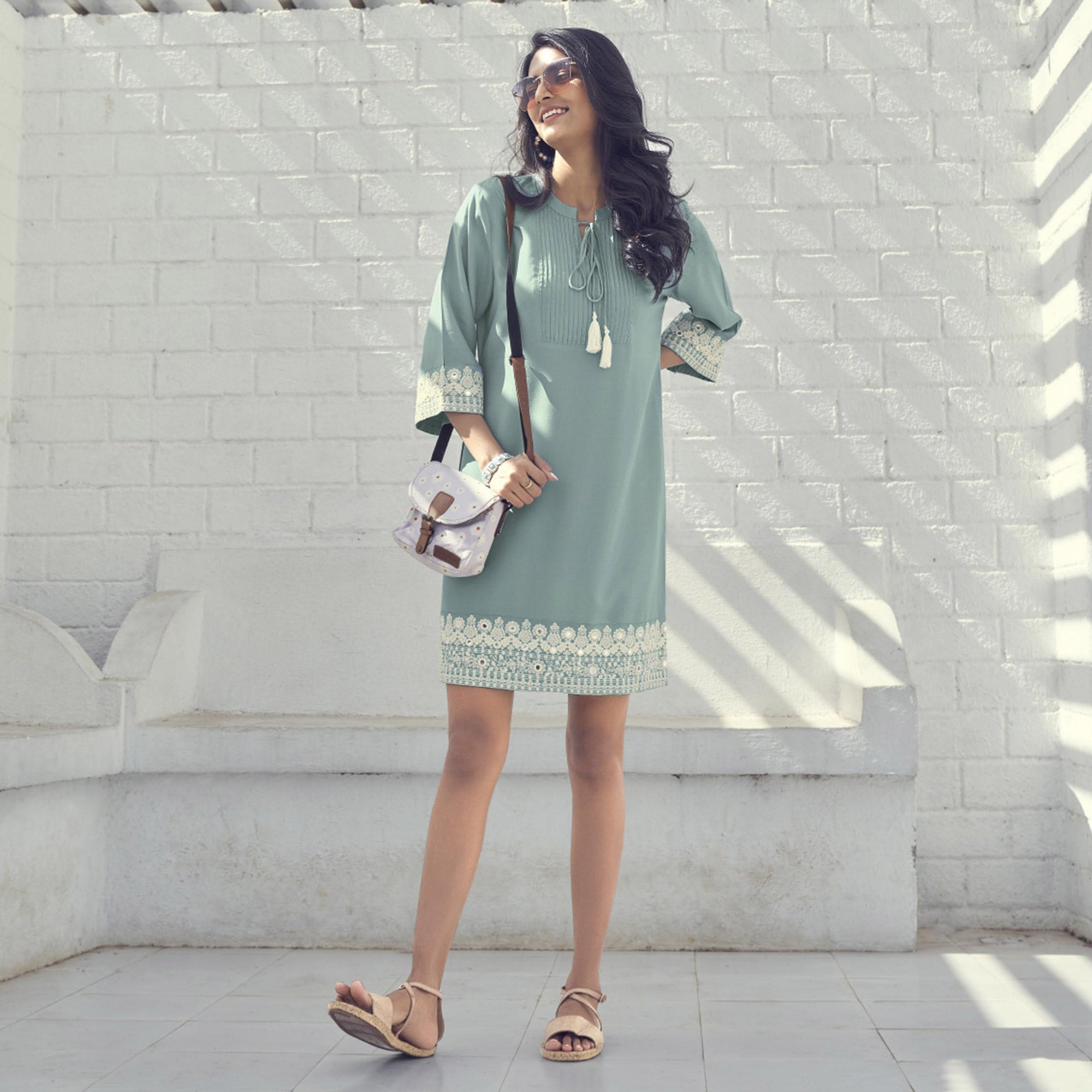 Sea Green Embroidered Rayon Tunic