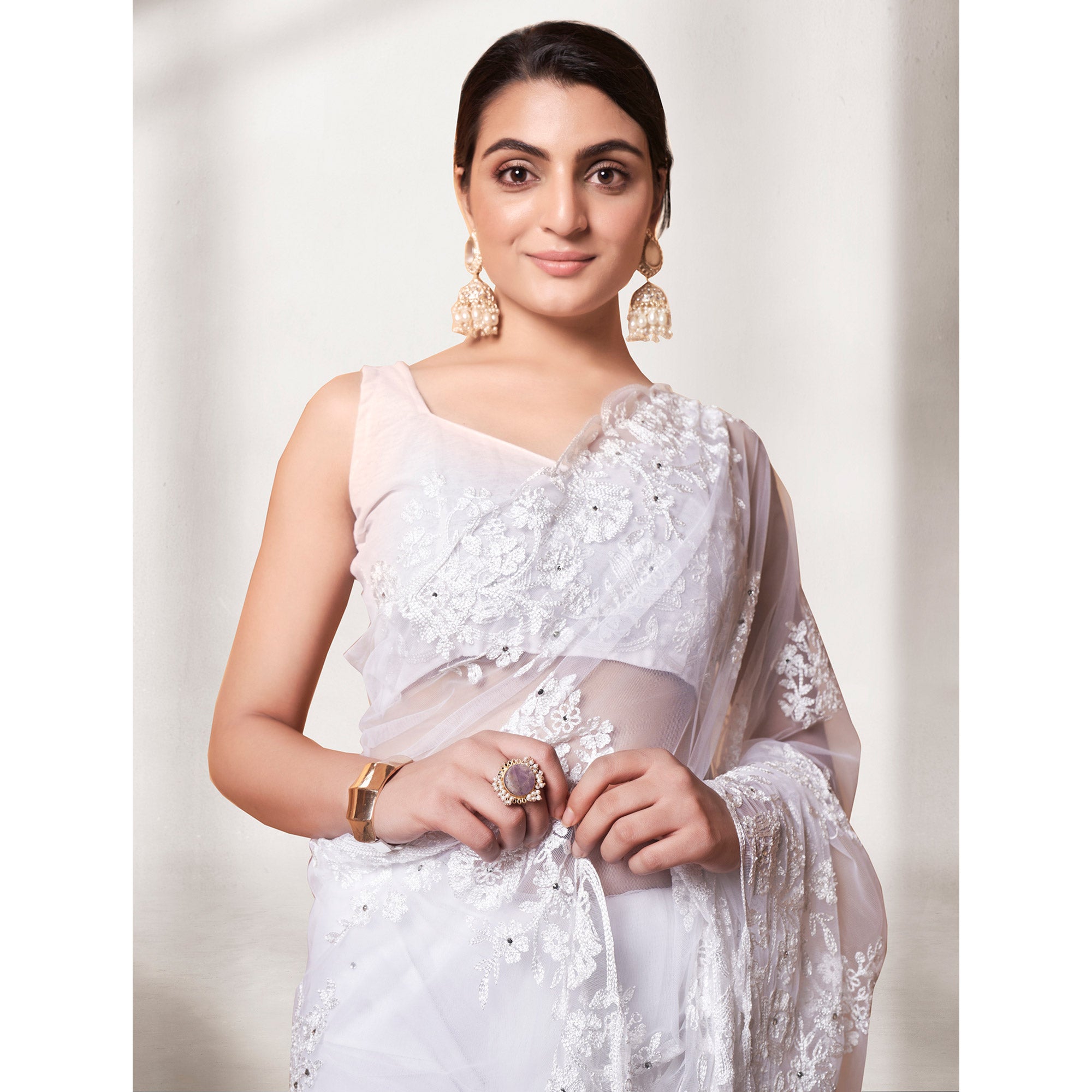 White Floral Embroidered Soft Net Saree