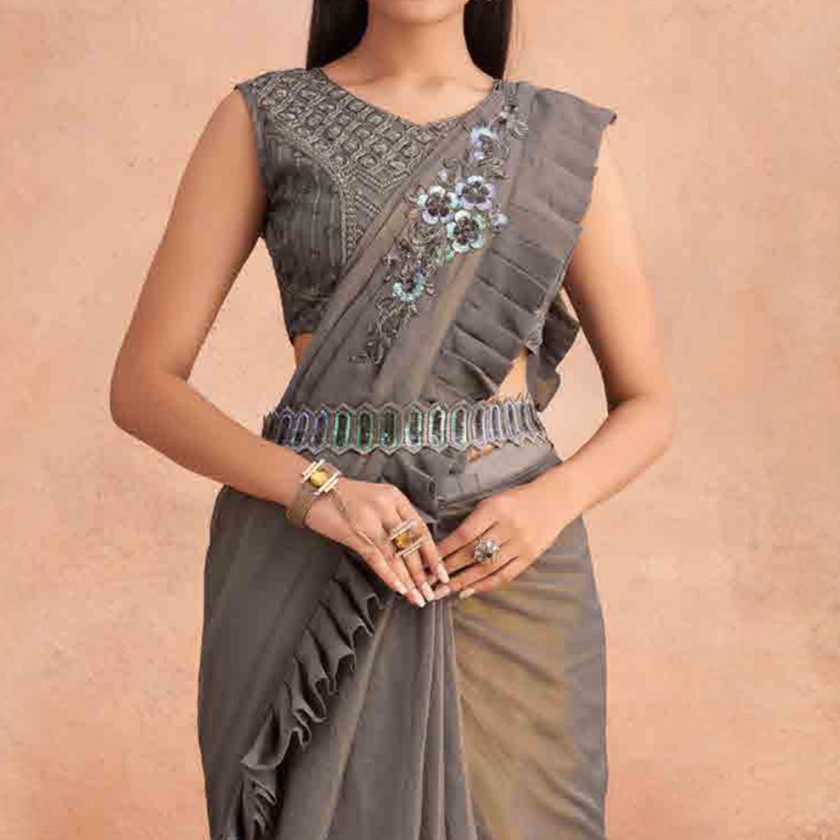 Grey Sequins Embroidered Ready to Wear Georgette Saree