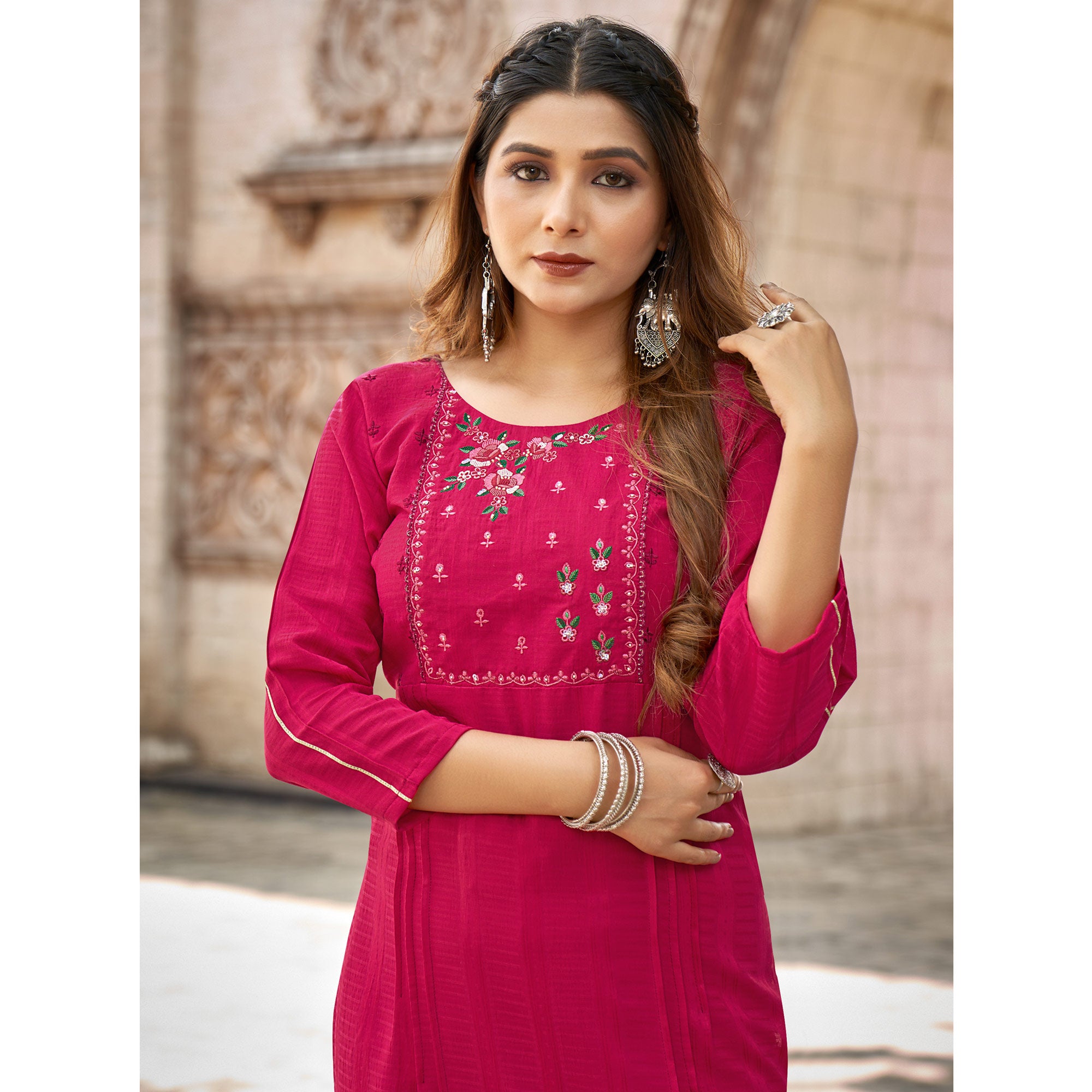 Pink Embroidered Rayon Kurti