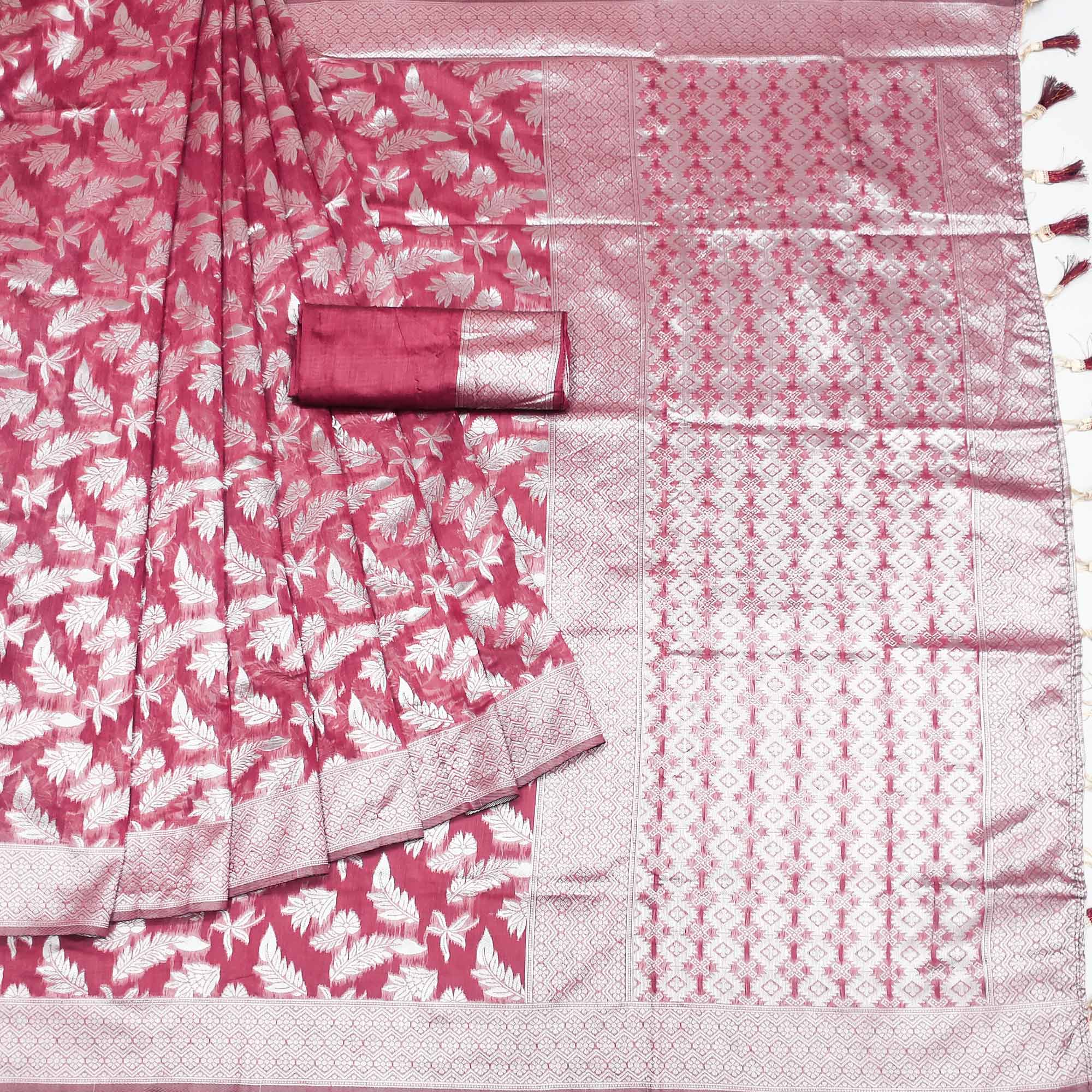 Red Woven Cotton Silk Saree With Tassels