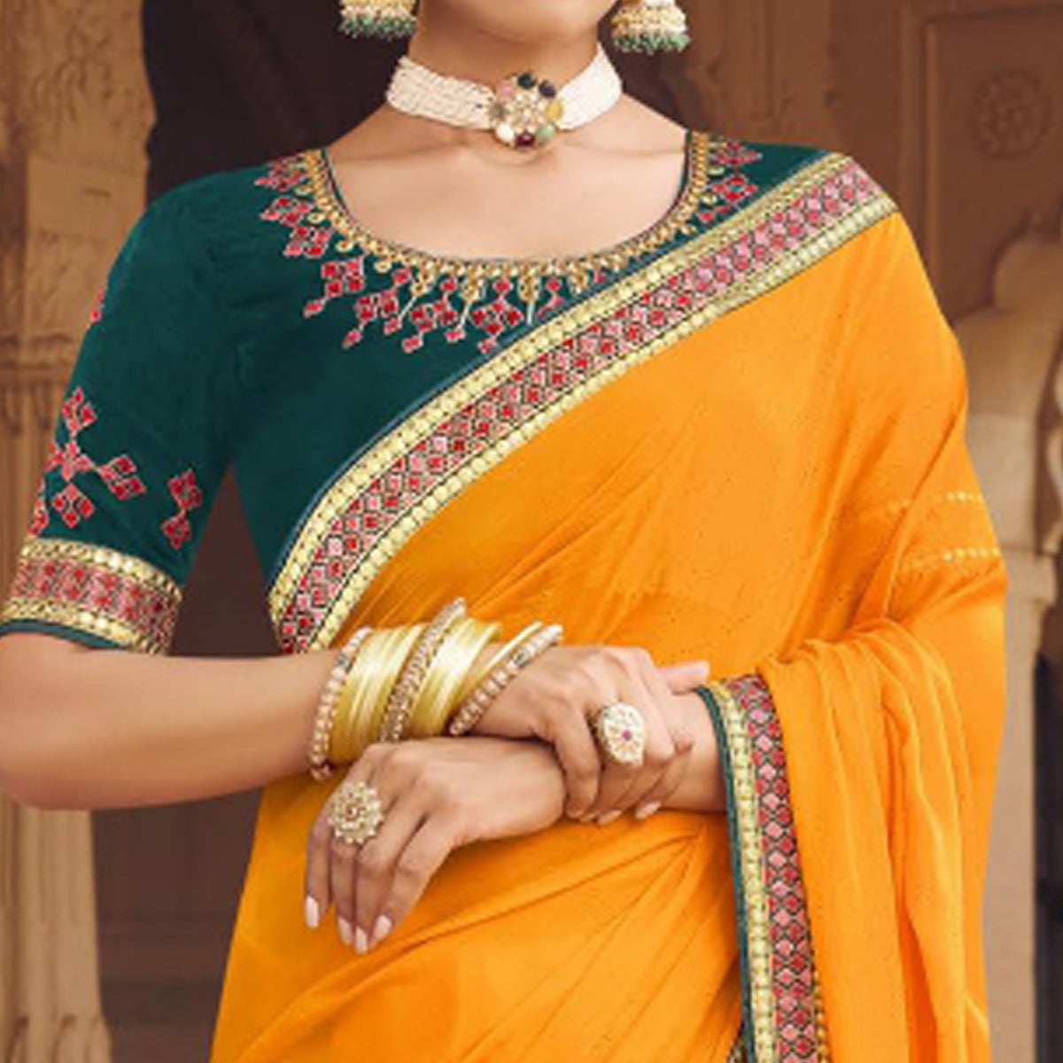 Mustard Embellished With Embroidered Border Satin Saree