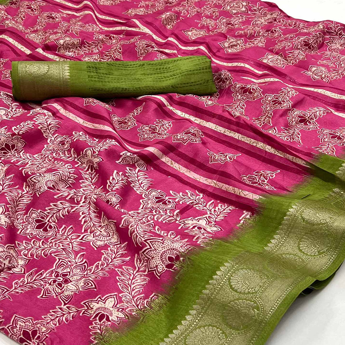 Pink Floral Printed With Woven Border Dola Silk Saree