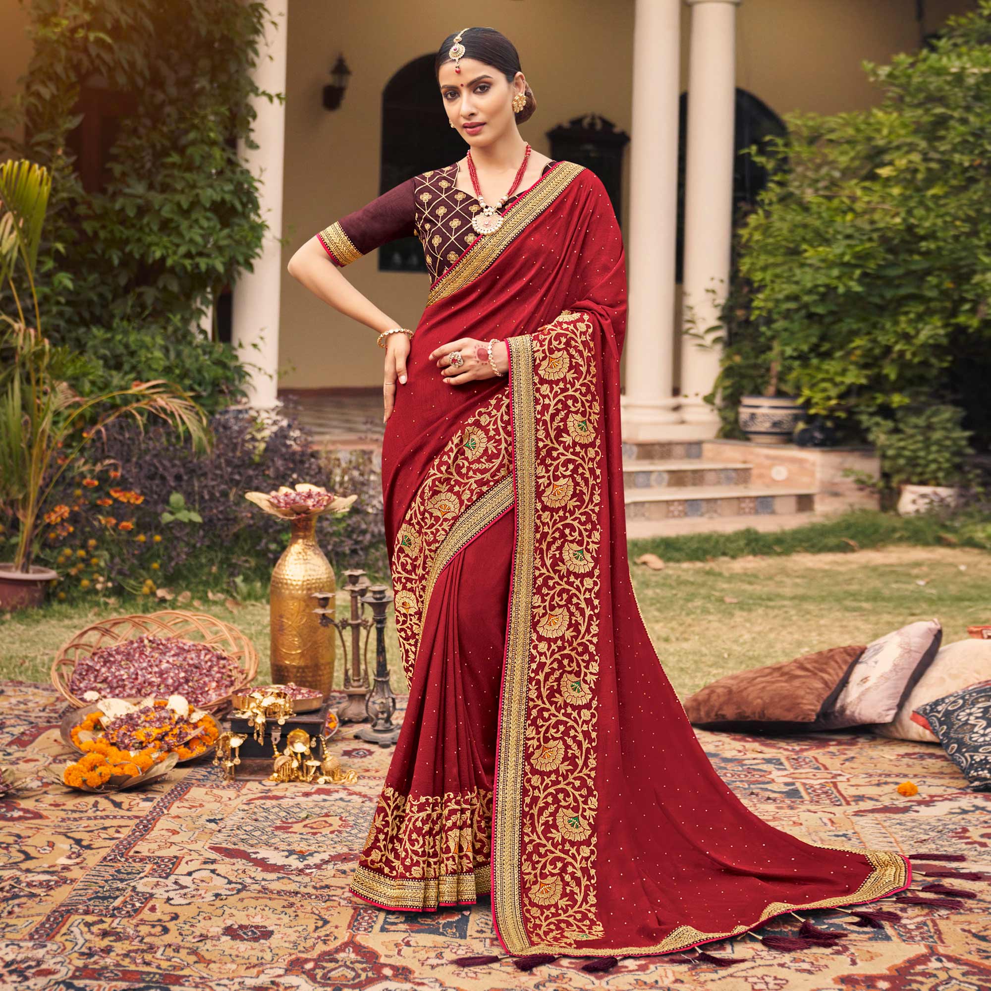 Dark Red Embroidered With Stone Work Vichitra Silk Saree