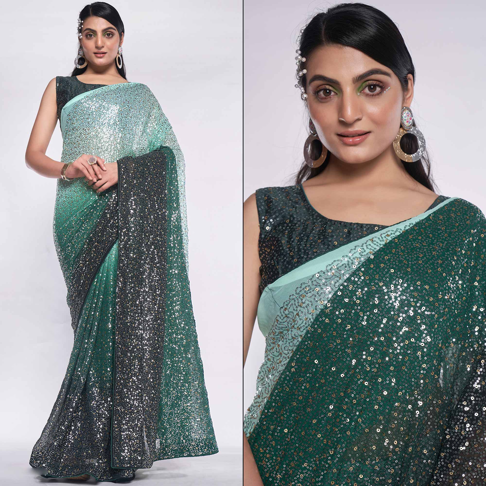 Green Sequins Embroidered Georgette Saree