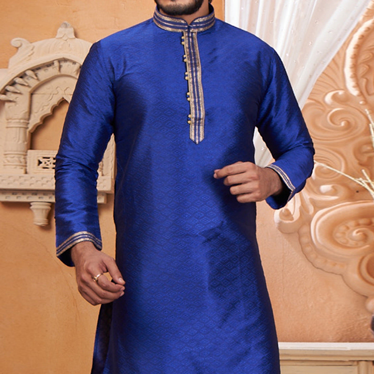 Blue Embroidered Jacquard Kurta Pyjama Set