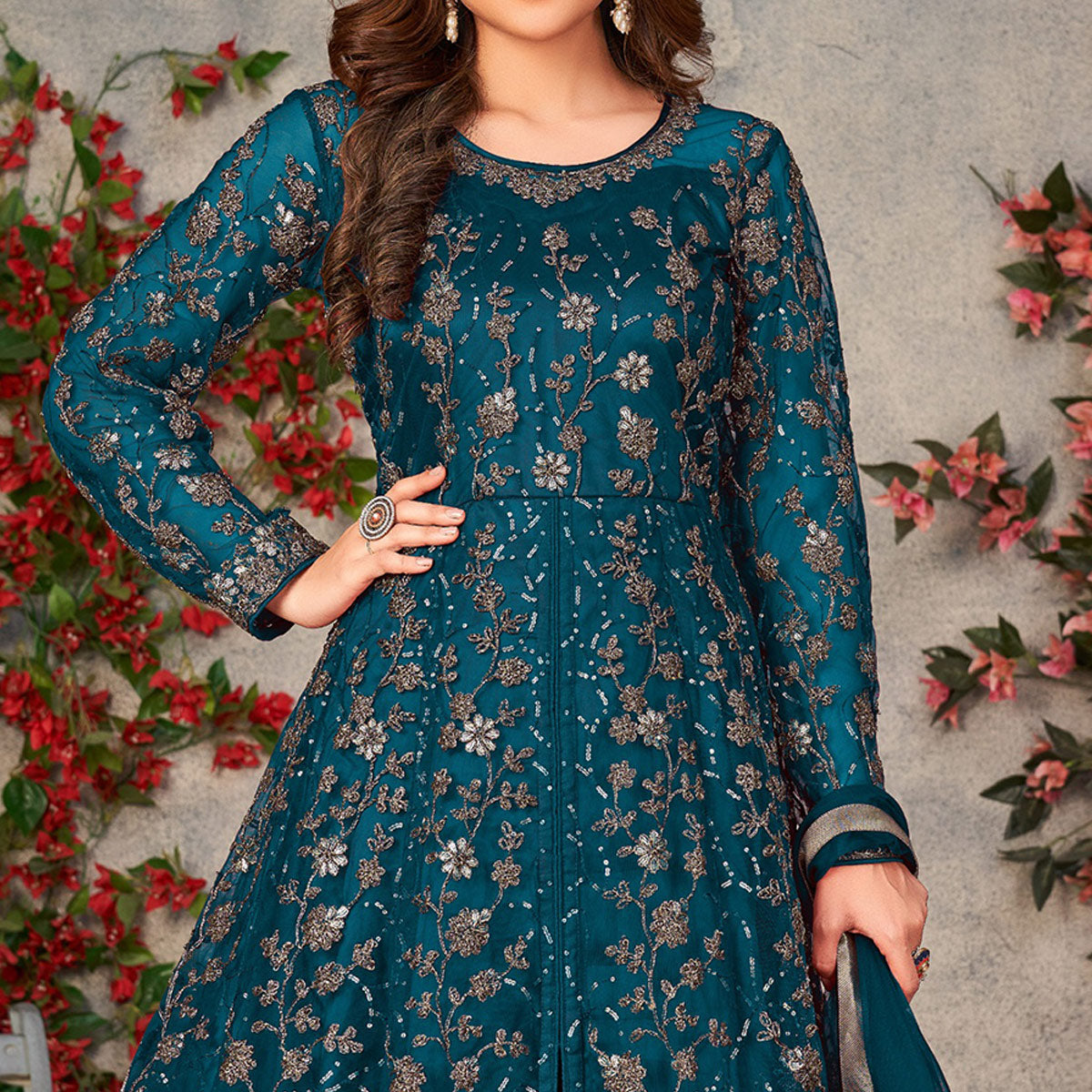 Sea Blue Zardosi Work Netted Gown