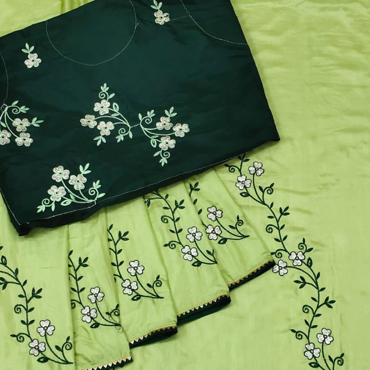 Pista Green Floral Embroidered Dola Silk Saree