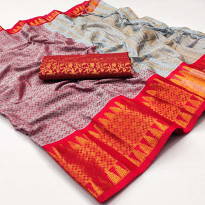 Grey Woven Cotton Silk Saree With Tassels