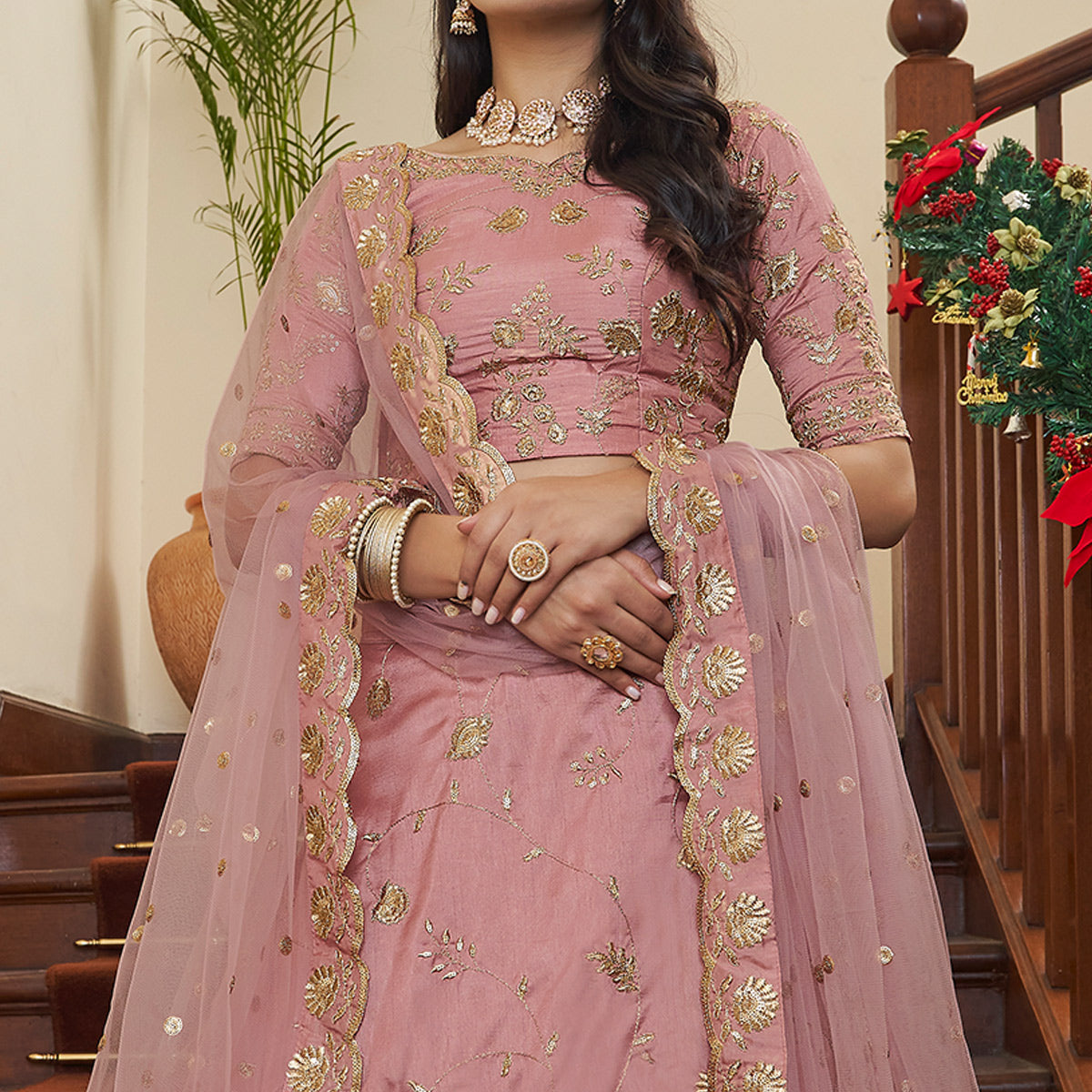 Peach Sequins Embroidered Art Silk Lehenga Choli