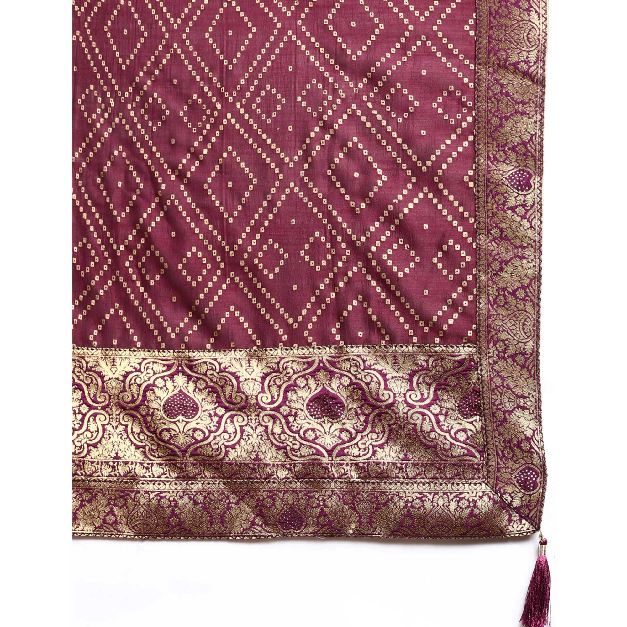 Maroon Foil Printed With Swarovski Vichitra Silk Saree
