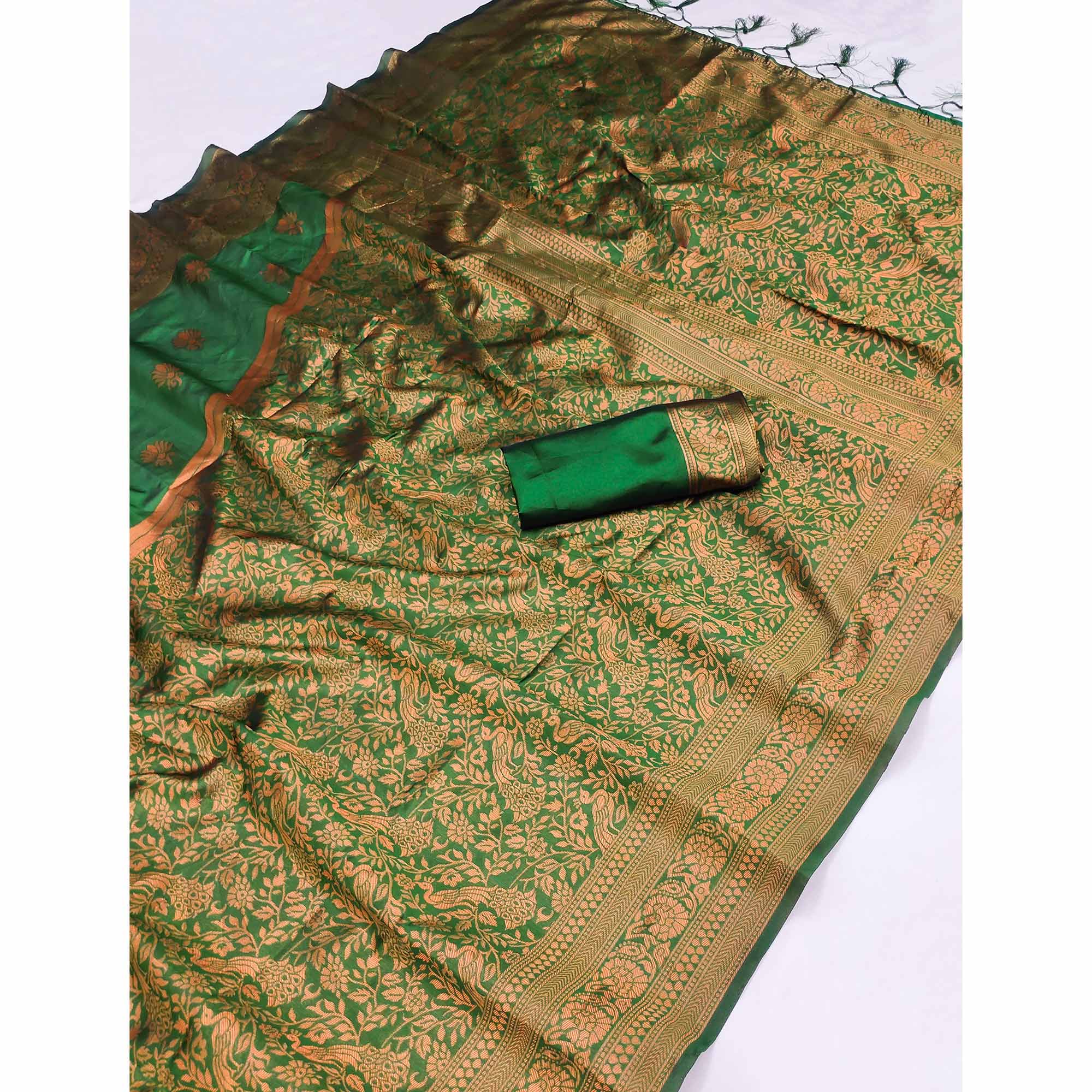 Green Woven Art Silk Saree With Tassels