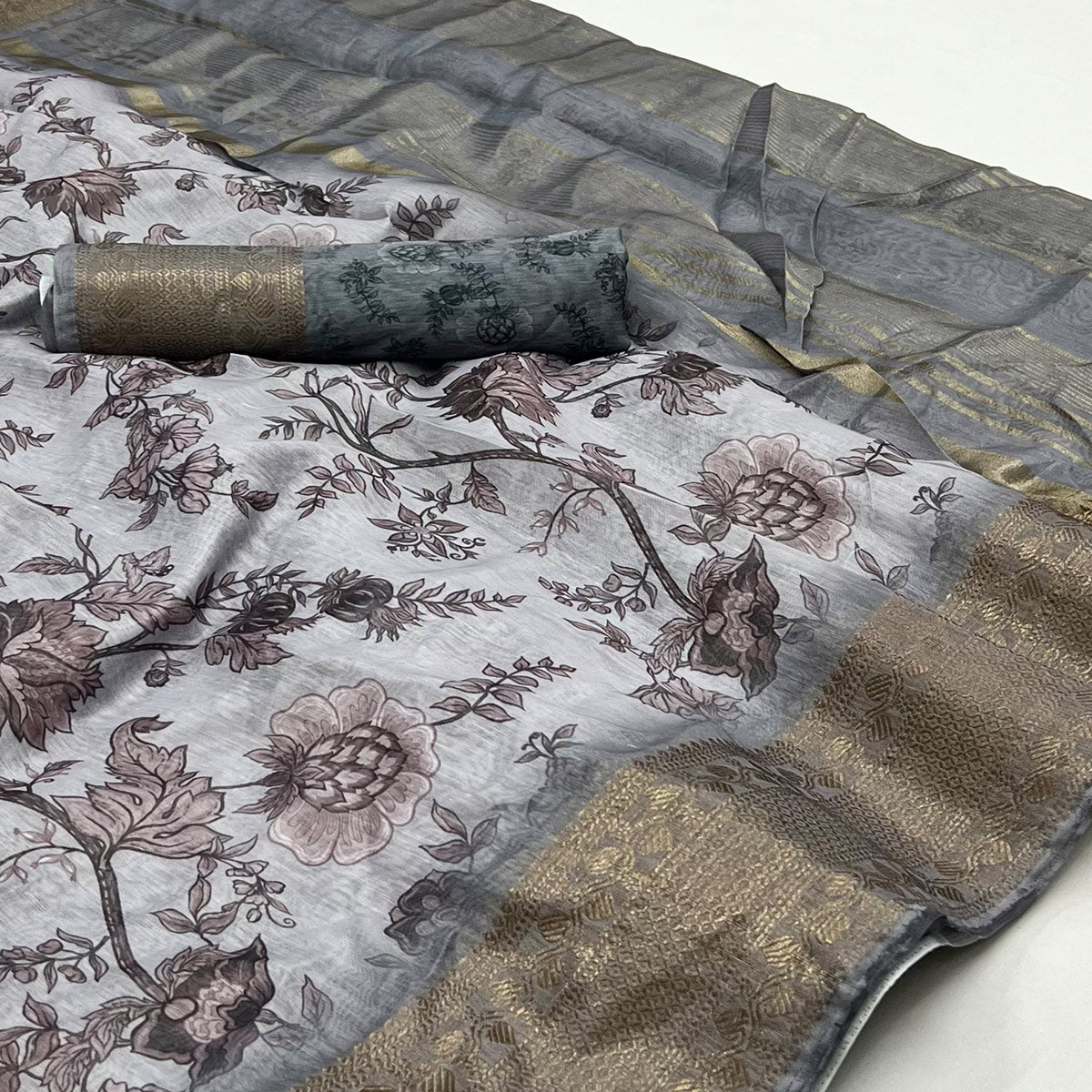 Grey Floral Digital Printed Pure Cotton Saree