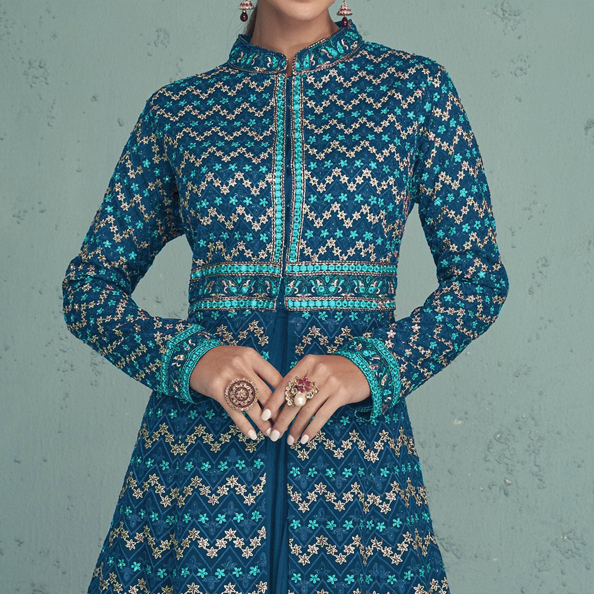 Sky Blue Floral Embroidered Georgette Front Slit Suit