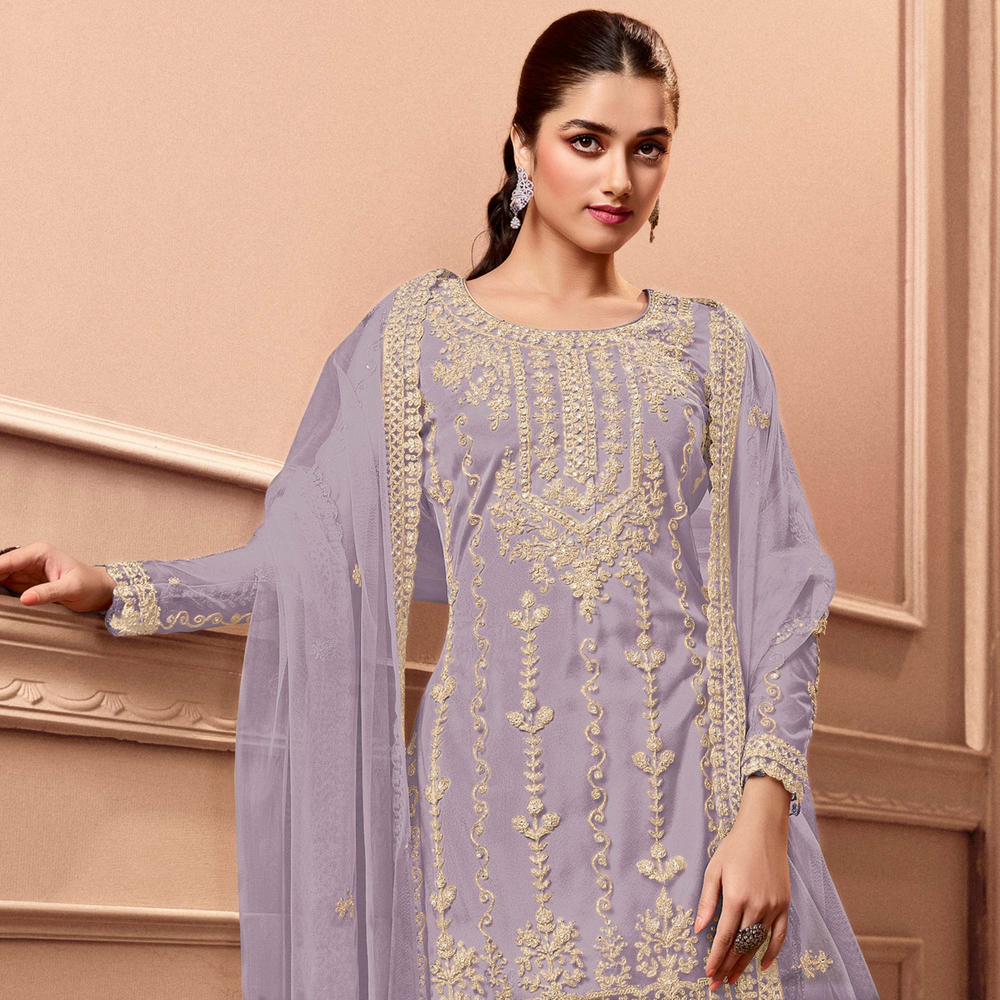 Violet Floral Embroidered Netted Pakistani Suit