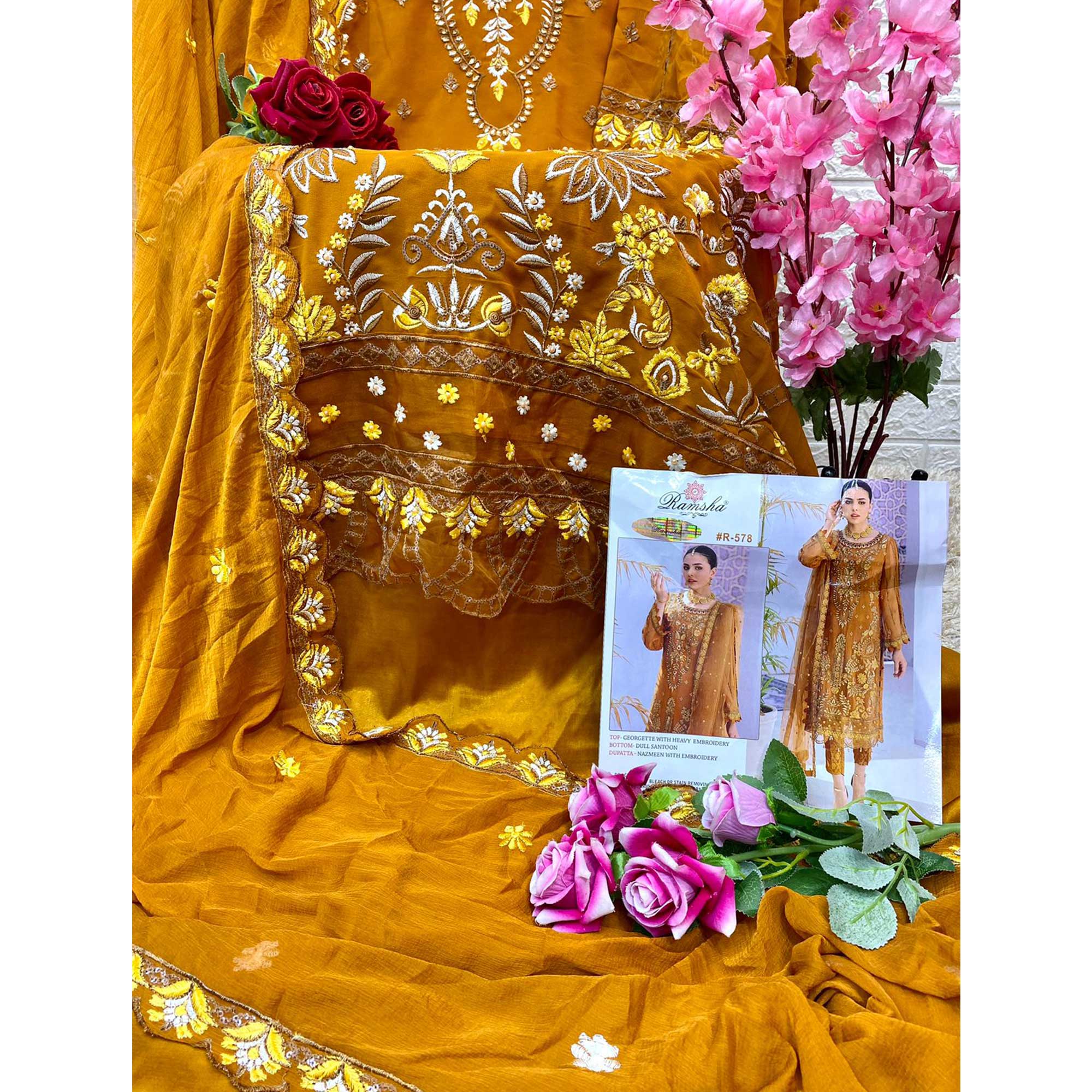 Mustard Heavy Embroidered Georgette Pakistani Suit