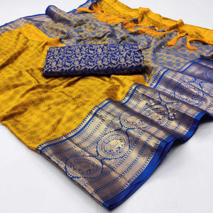 Golden Blue Woven Cotton Silk Saree With Tassels